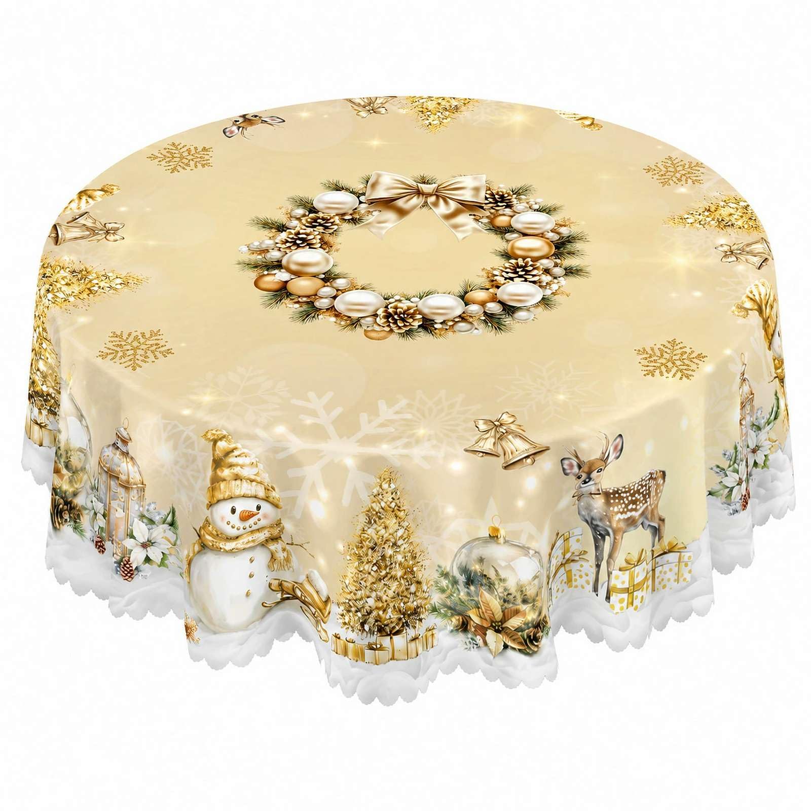 Vintage Christmas Round Tablecloth, Polyester Circular Table Cover with Classic Santa, Snowman & Pine Tree Print, Suitable for Home Kitchen Dining Table Decoration — image 1
