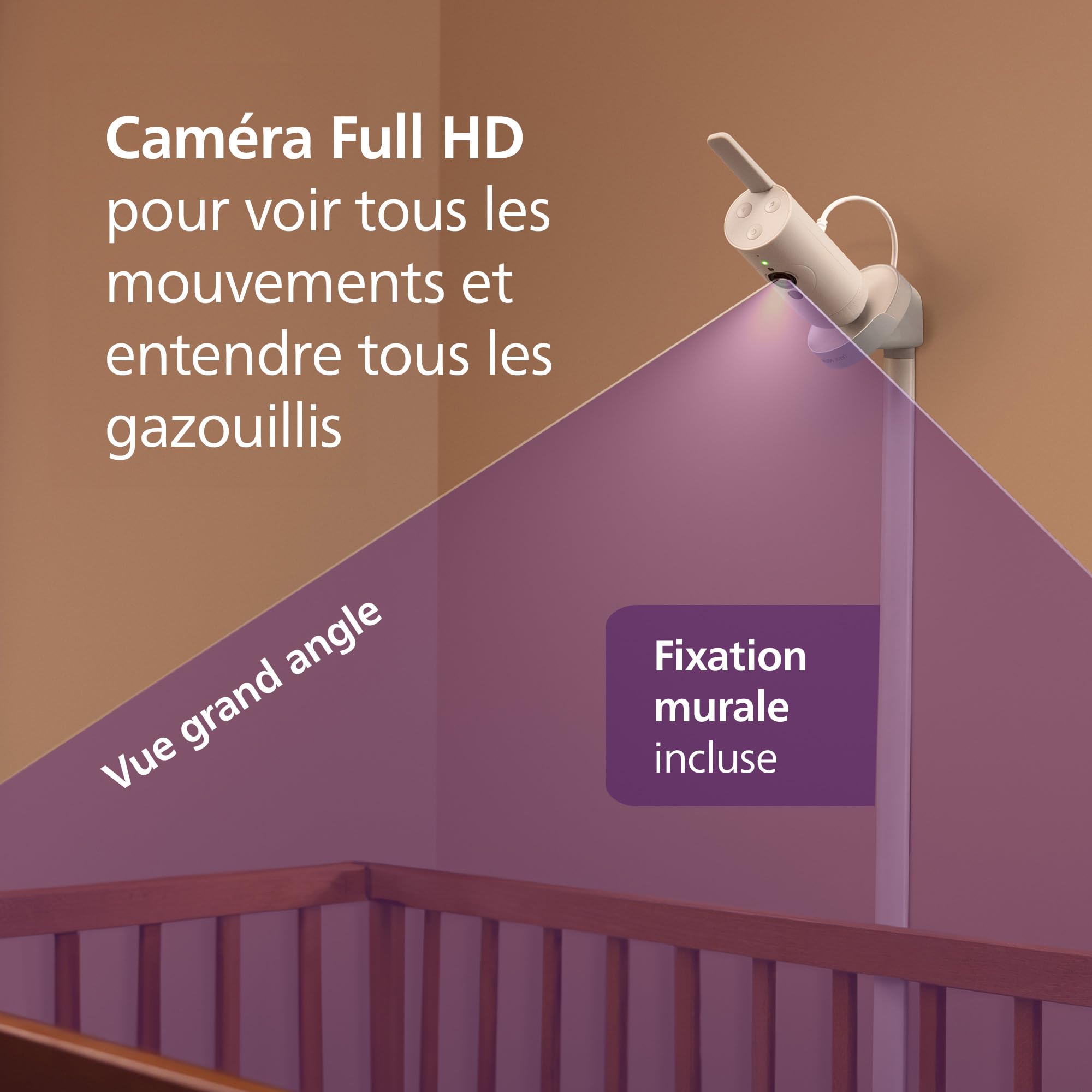 AVENT Philips Babyphone caméra Premium avec appli – caméra HD 1080 px, Suivi IA Sommeil et Respiration, interprétation des Pleurs, certifié Dekra cybersécurité maximale, Fixation Murale, SCD974/26