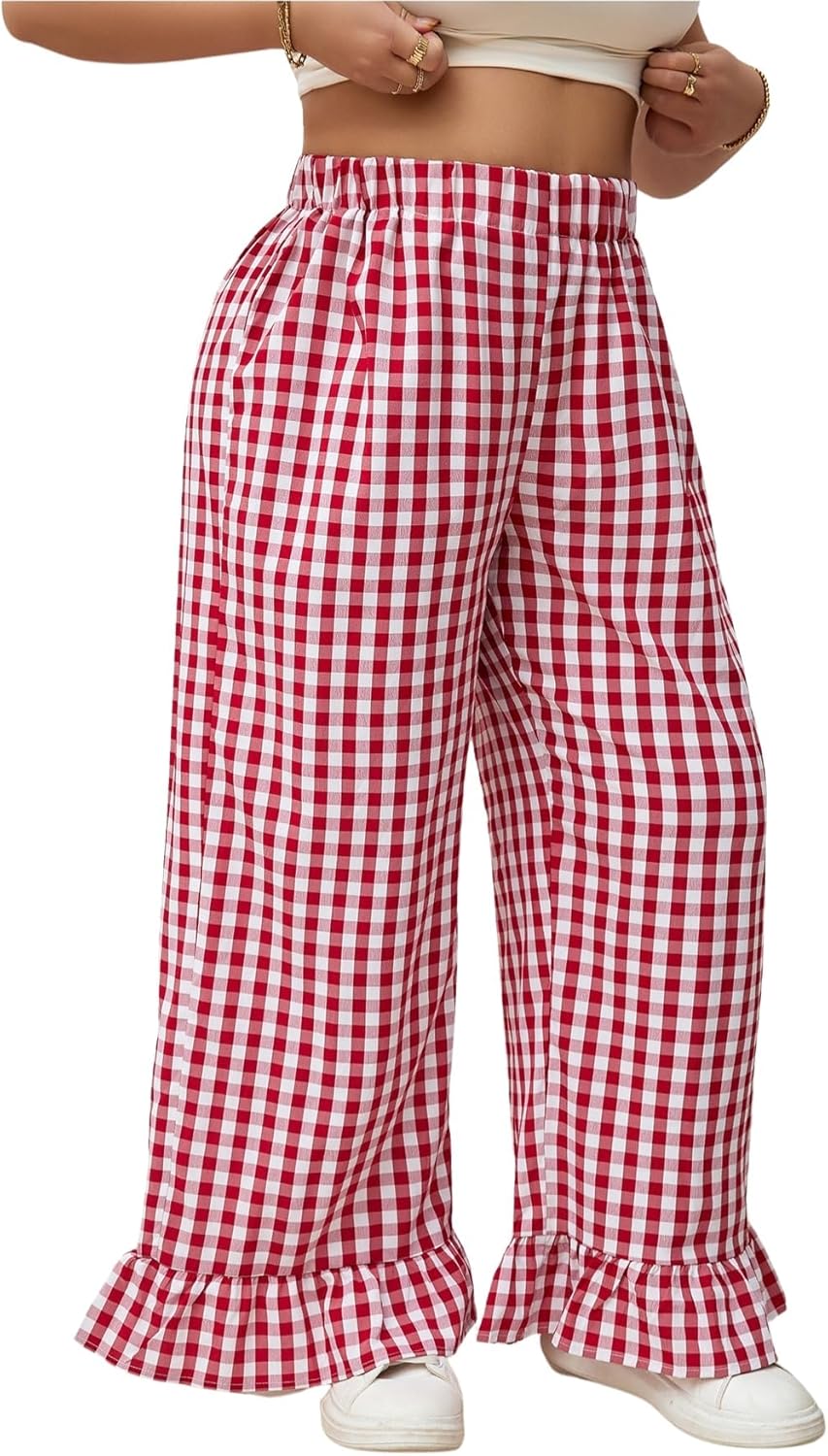 Verdusa Women's Plus Size Gingham Checkered Pants Elastic High Waisted Ruffle Hem Trousers - Image 2