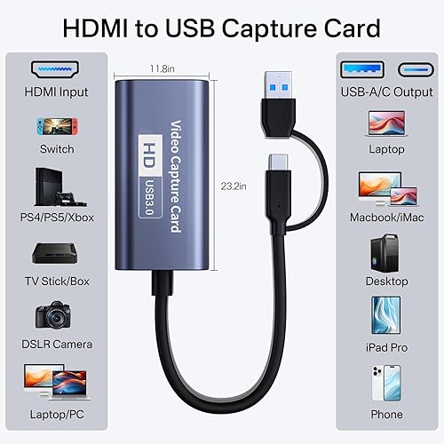 Miniatura 2 de Tarjeta de captura de video 4K, USB-AUSB-C 3.0 1080P 60FPS dispositivo de captura HDMI con soporte YUY2 (YUV) para juegos, transmisión en