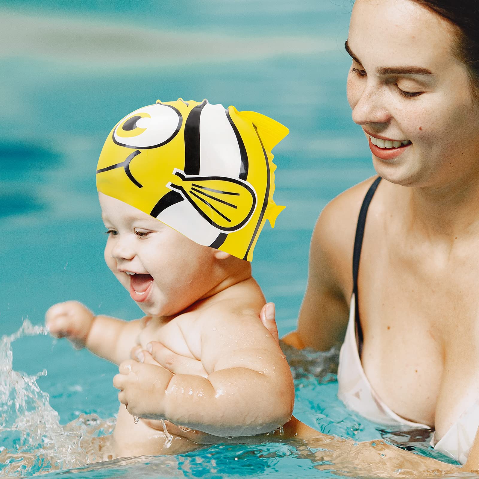 2Packs Kids Cartoon Fish Swim Caps Children Elastic Swimming Hats Silicone Swimming Caps for Girls and Boys Waterproof Stretchy Swim Bathing Caps Keep Hair Clean Dry (1*Blue and 1*Yellow ) 2