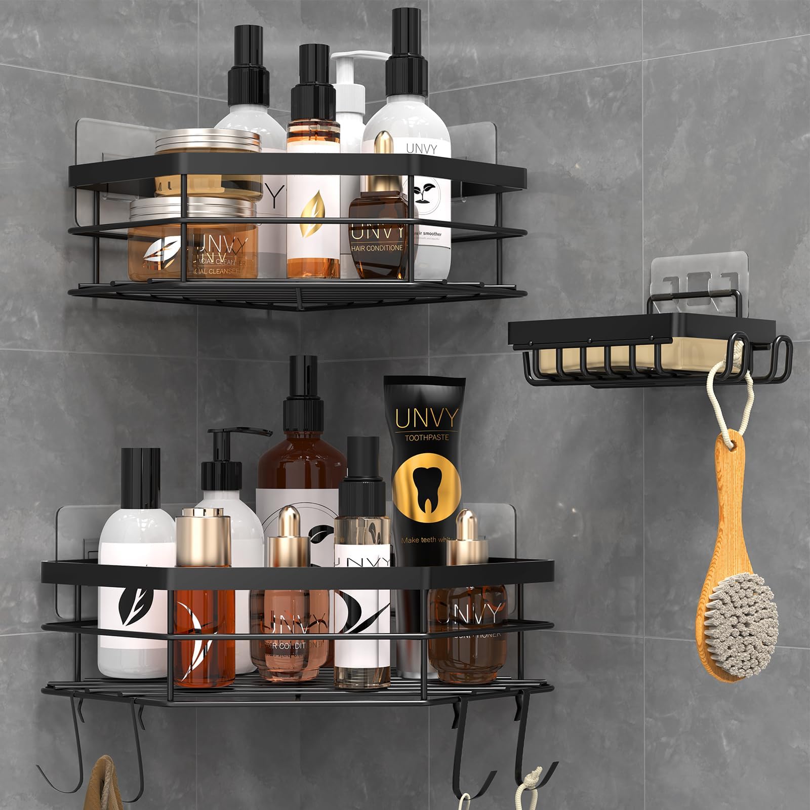 SWTYMIKI Hoekdouche Caddy Staand - 4 Tier Vloerstaande Douche Organizer met 4 Haken, Plastic Metalen Splicing Roestvrije Hoekstandaard Douche Plank Opbergrek voor Badkamer, Badkuip, Zwart