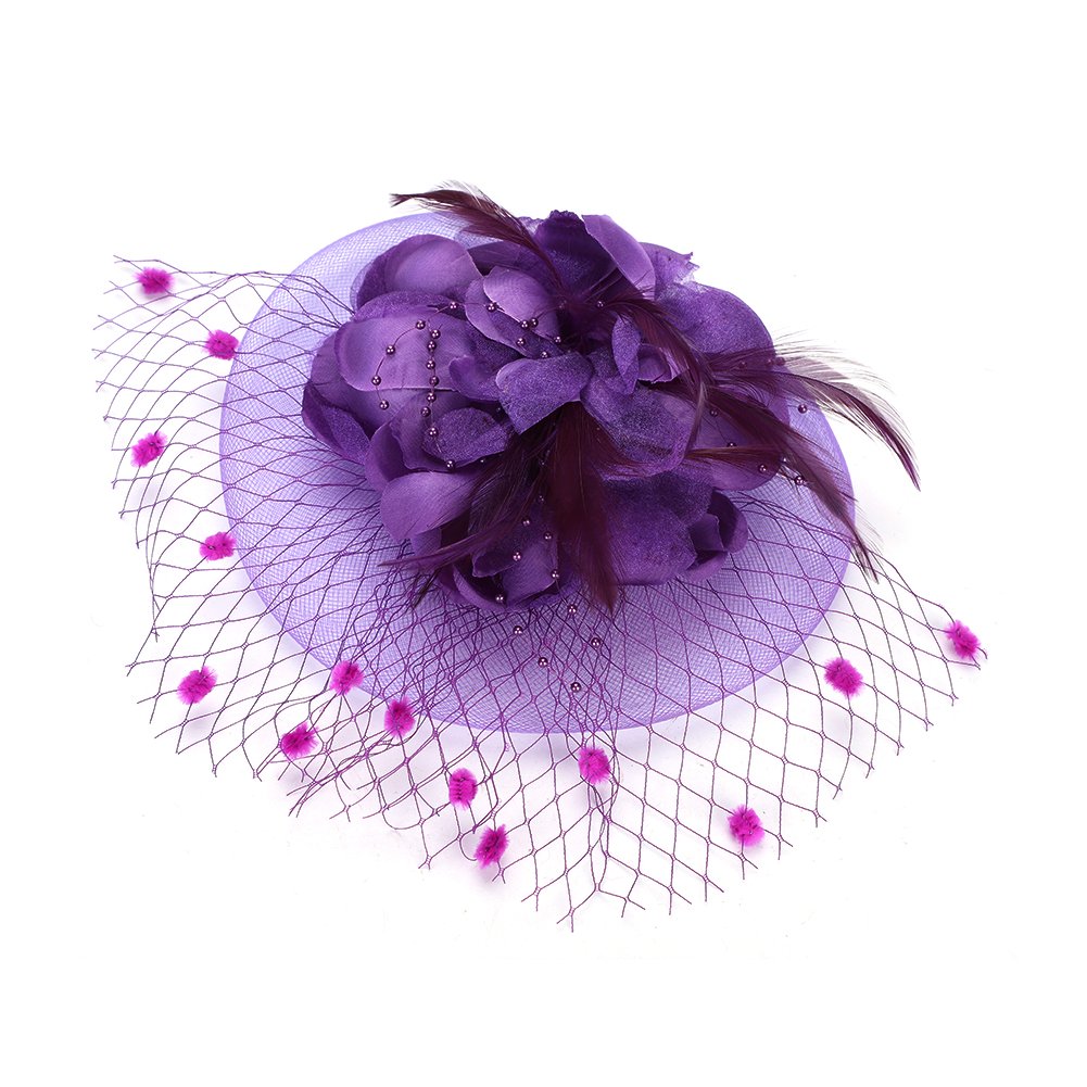 Flower Feather Fascinator Hat with Beads Ladies Pillbox Hat on a Headband and a Forked Clip Cocktail Party Race Hats Bridal Shower Hair Clip Headpiece for Wedding Tea Party Ascot Races Church