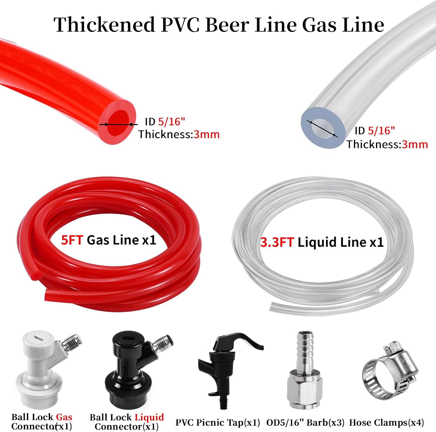 3FT 5/16 Beer Line Tubing & 5FT 5/16 CO2 Gas Line & 1Pair Ball Lock Keg Connectors & 1 Picnic Tap,Cuttable PVC Draft Beer Kegerator Line CO2 Regulator Gas Line Barb Fitting Hose Clamps Kegerator Parts