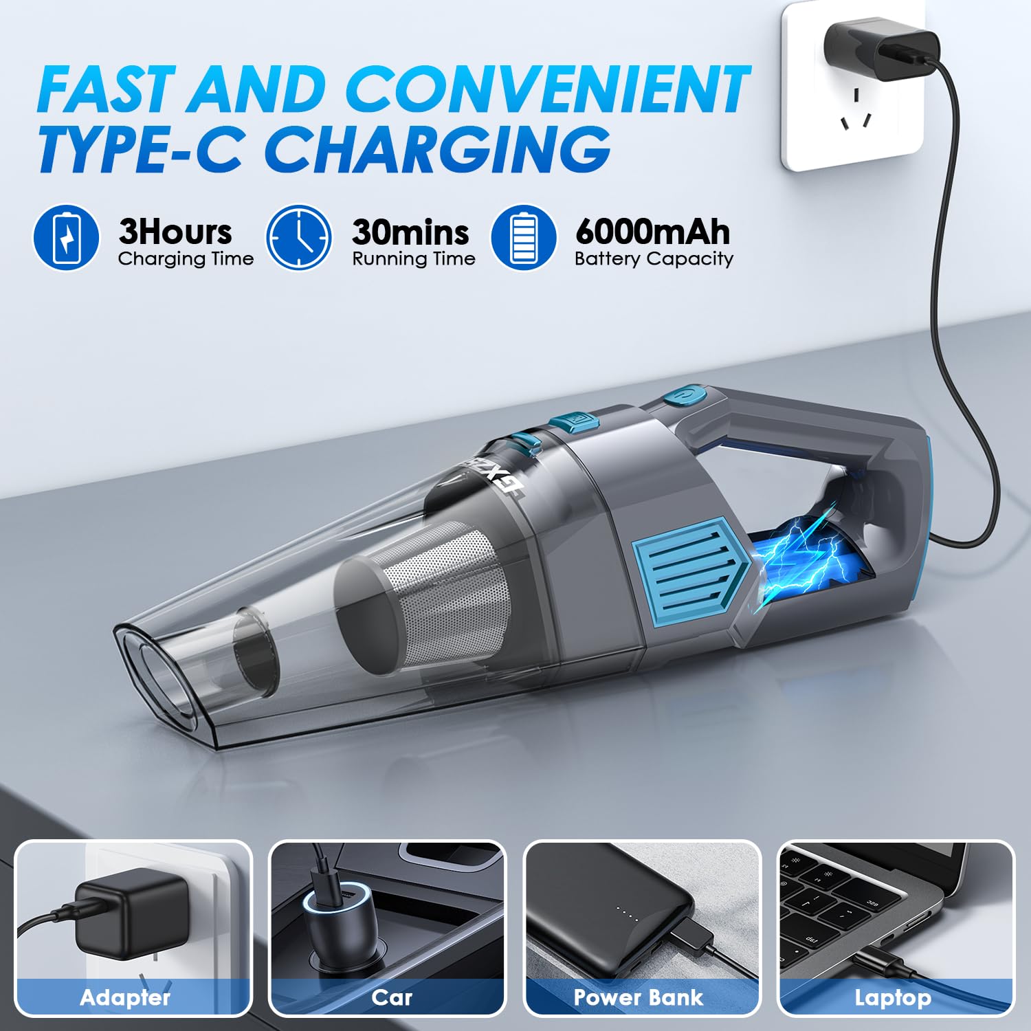 Gxzsk Aspiradora de mano inalámbrica, 15000 PA, aspiradora de mano de succión fuerte para coche, recargable, aspiradora de mano portátil con múltiples boquillas y filtro lavable para oficina en casa