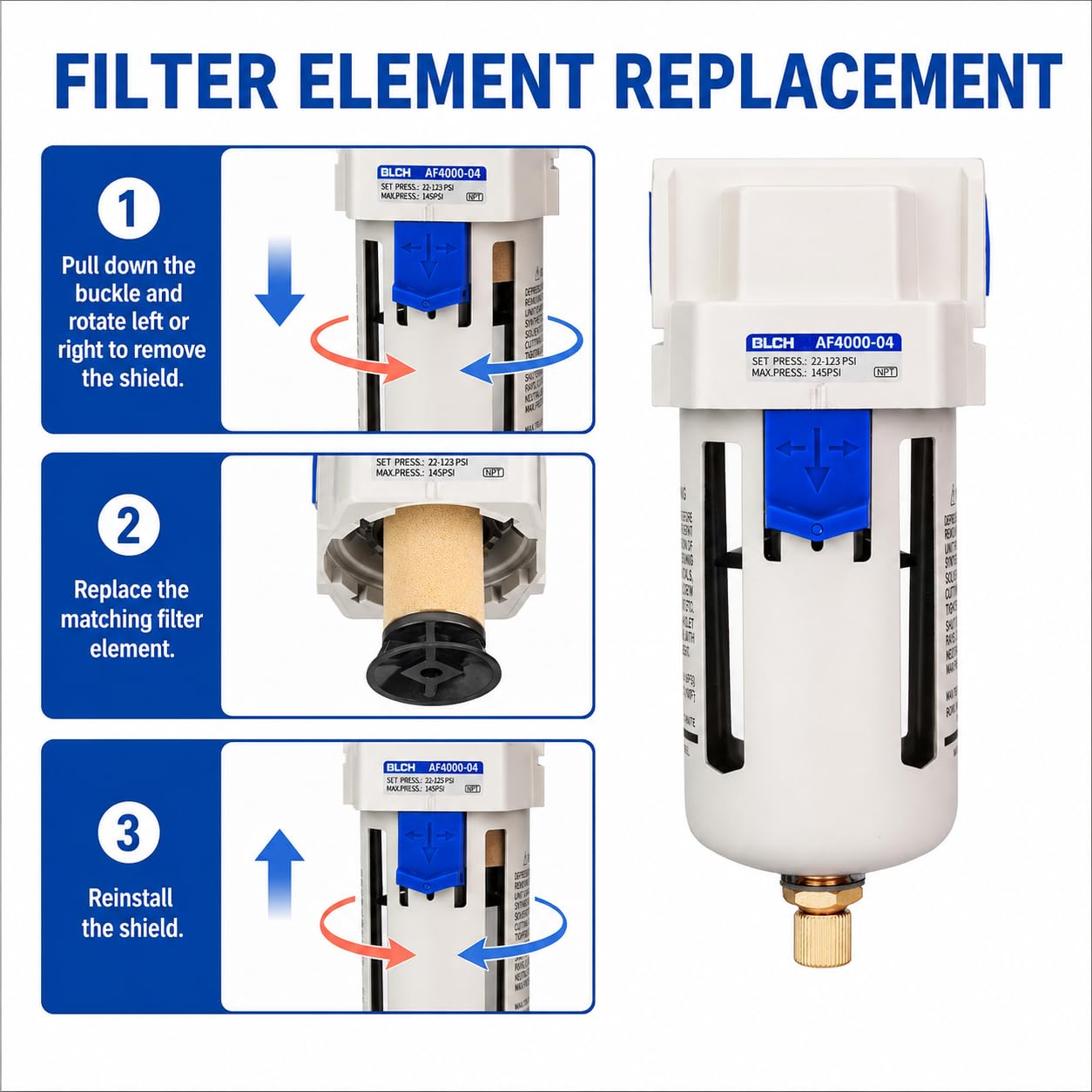 BLCH 1/2" NPT Air Line Dryer - Air Dryer for Compressor,Compressed Air Dryer Air Drying System AF4000-04 Manual Drain Poly Bowl 0-160 PSI 5μm — Amazon image 2