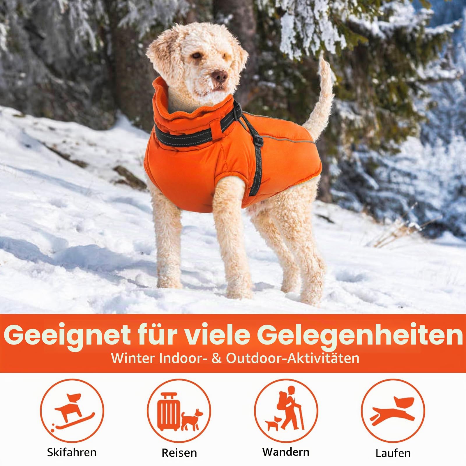 Lelepet Hundemantel für den Winter, Warme Hundejacke mit integriertem Geschirr, Winddicht Mantel mit Fleece Gefüttert für Hunde, Reflektierende Hundeweste für Kaltes Wetter, Orange 3XL