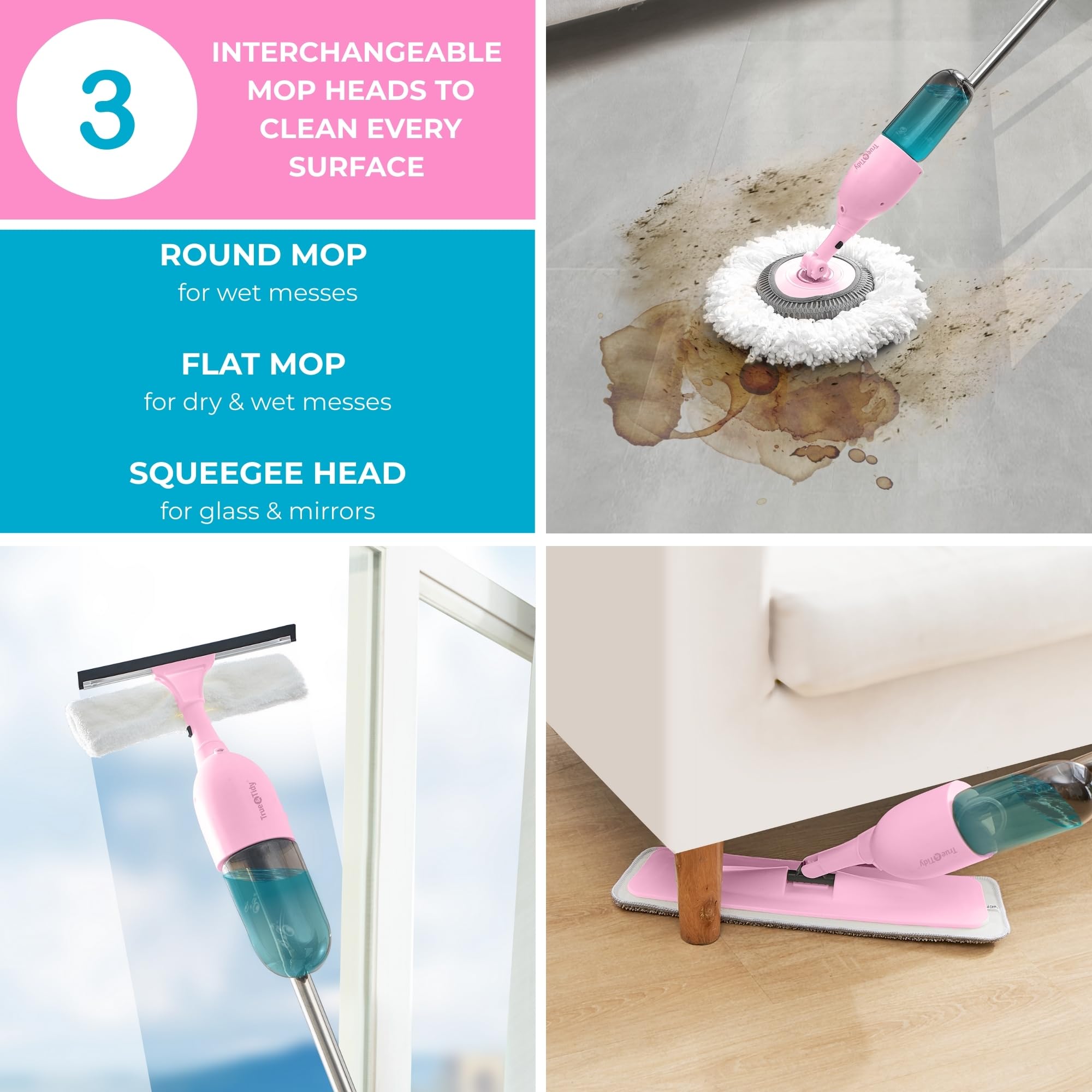 True & Tidy® Clean Everywhere Spray Mop Kit with Three Interchangeable Heads and Refillable Tank- Includes Flat Head, Round Mop, Window Squeegee (Pink)
