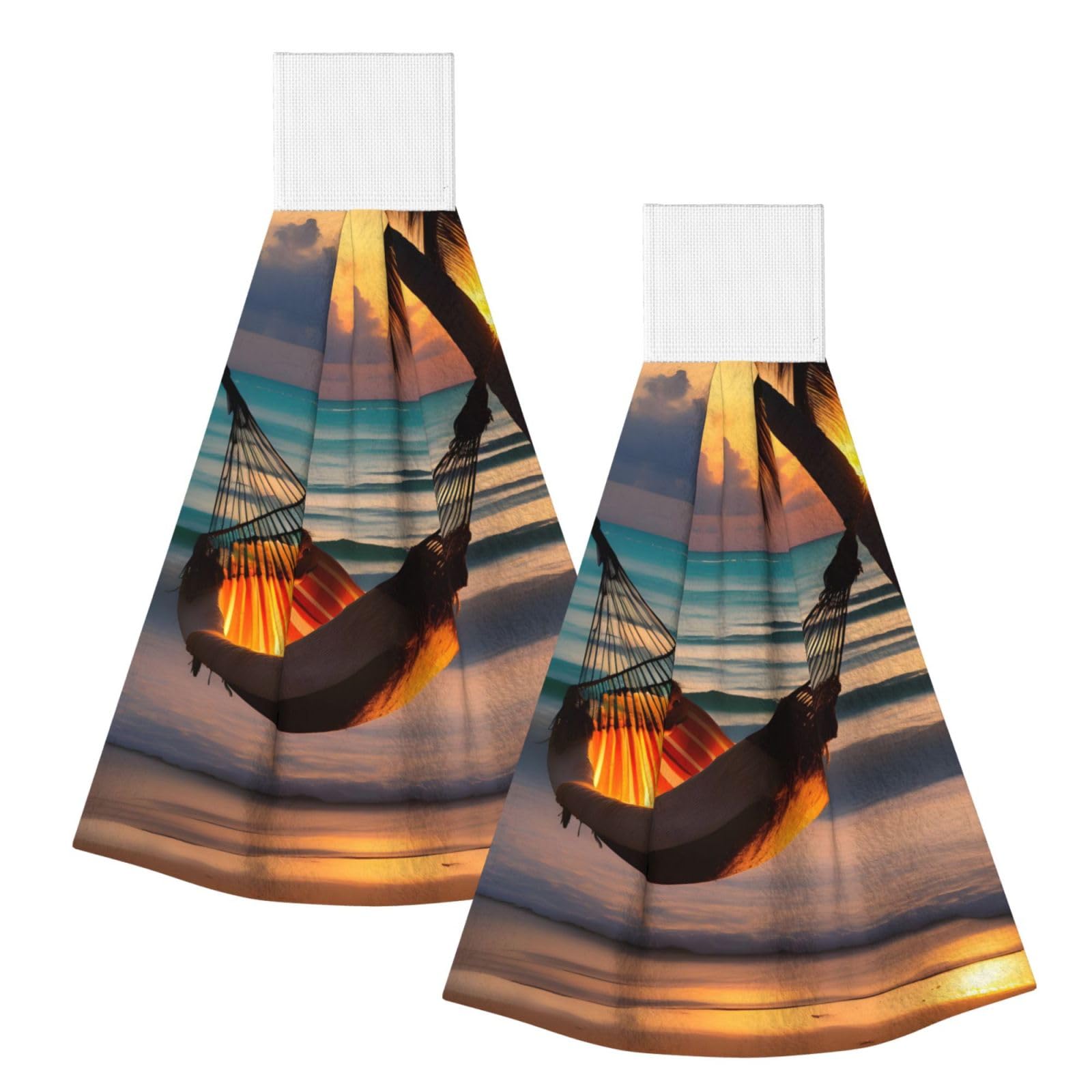 WUPngg Sunset beach hammock Bathroom Tie Towels/Dish Cloth,Kitchen Hanging Towel, Coral Fleece Dry Cleaning Hand Dishcloths One Size