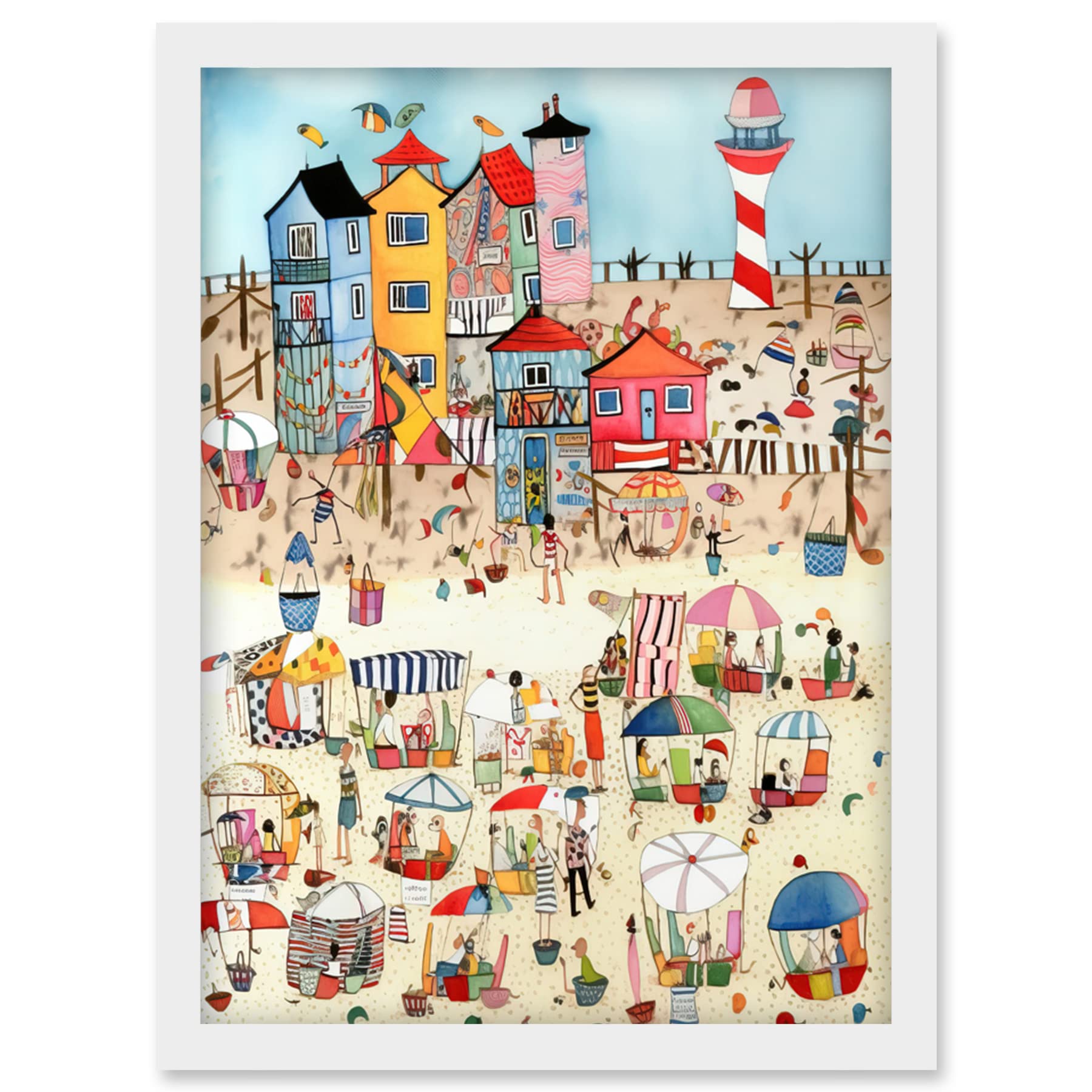 Artery8 Day At The Seaside Abstract Folk Art Artwork Framed Wall Art Print A4