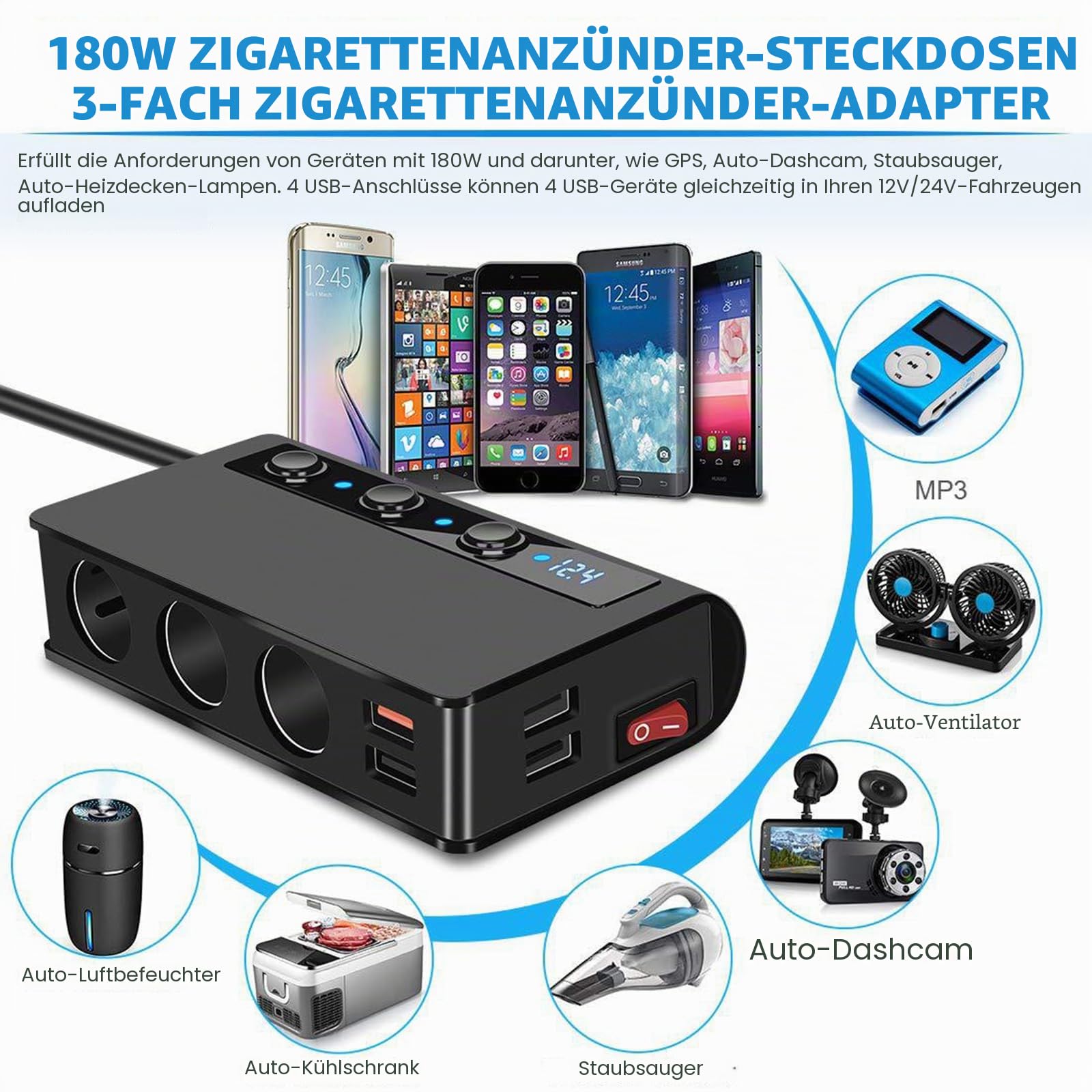 Auto Ladegerät Zigarettenanzünder Sockel Splitter 180W Zigarettenanzünder Adapter mit 4 USB Ports Separate Schalter Spannungsanzeige QC3.0 Schnellladung Für Telefon Tablets Dash Cam