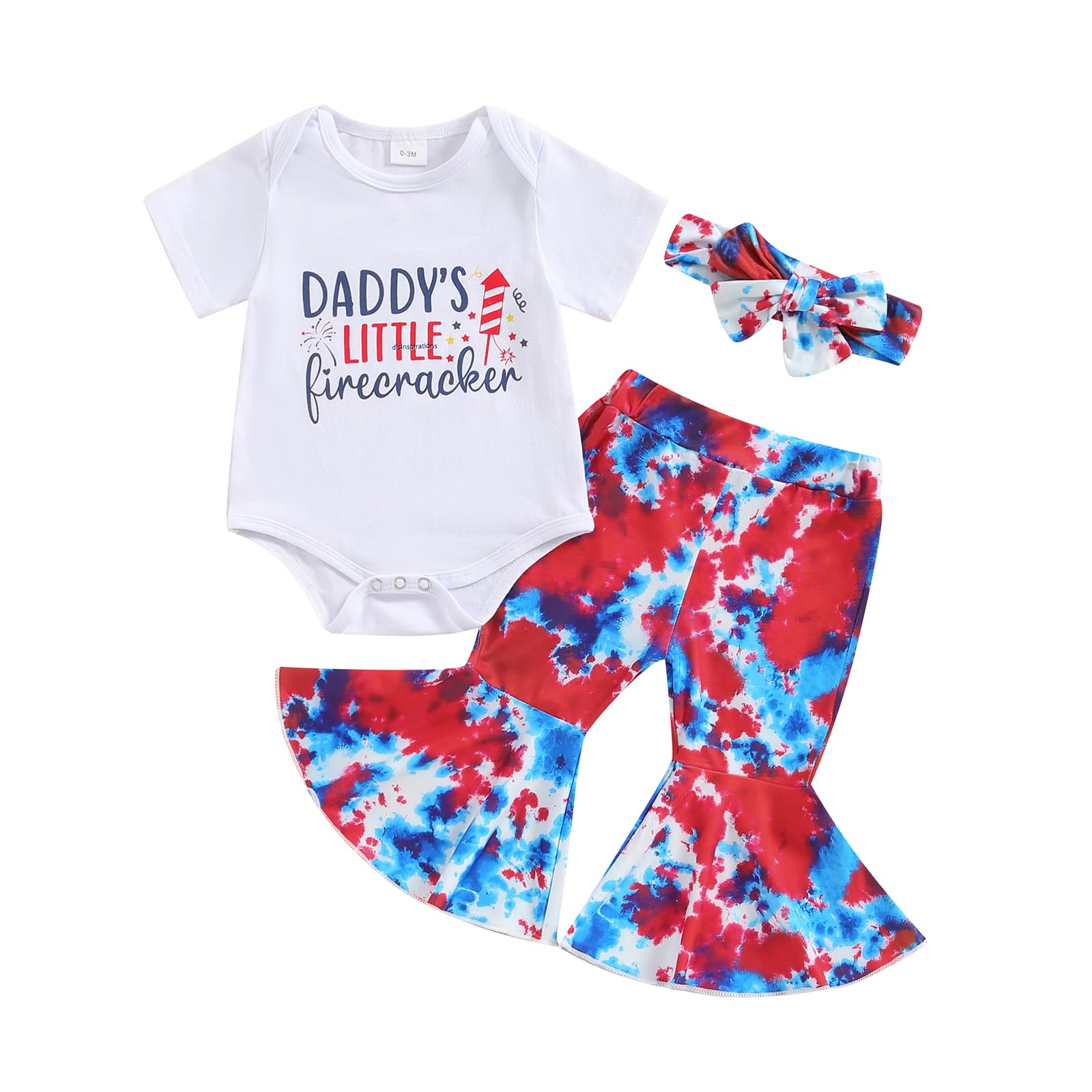 Rtnnsbbfcm Newborn Baby Girl 4th Of July Outfit Short Sleeve Letter Print Romper Top Flare Pants Headband 3Pcs Set (White, 6-12 Months)