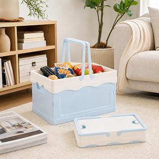 Foldable Storage Bins with Lids and Handles, Collapsible Multi-Color Baskets for Kitchen, Home, Office and Bathroom (Blue)