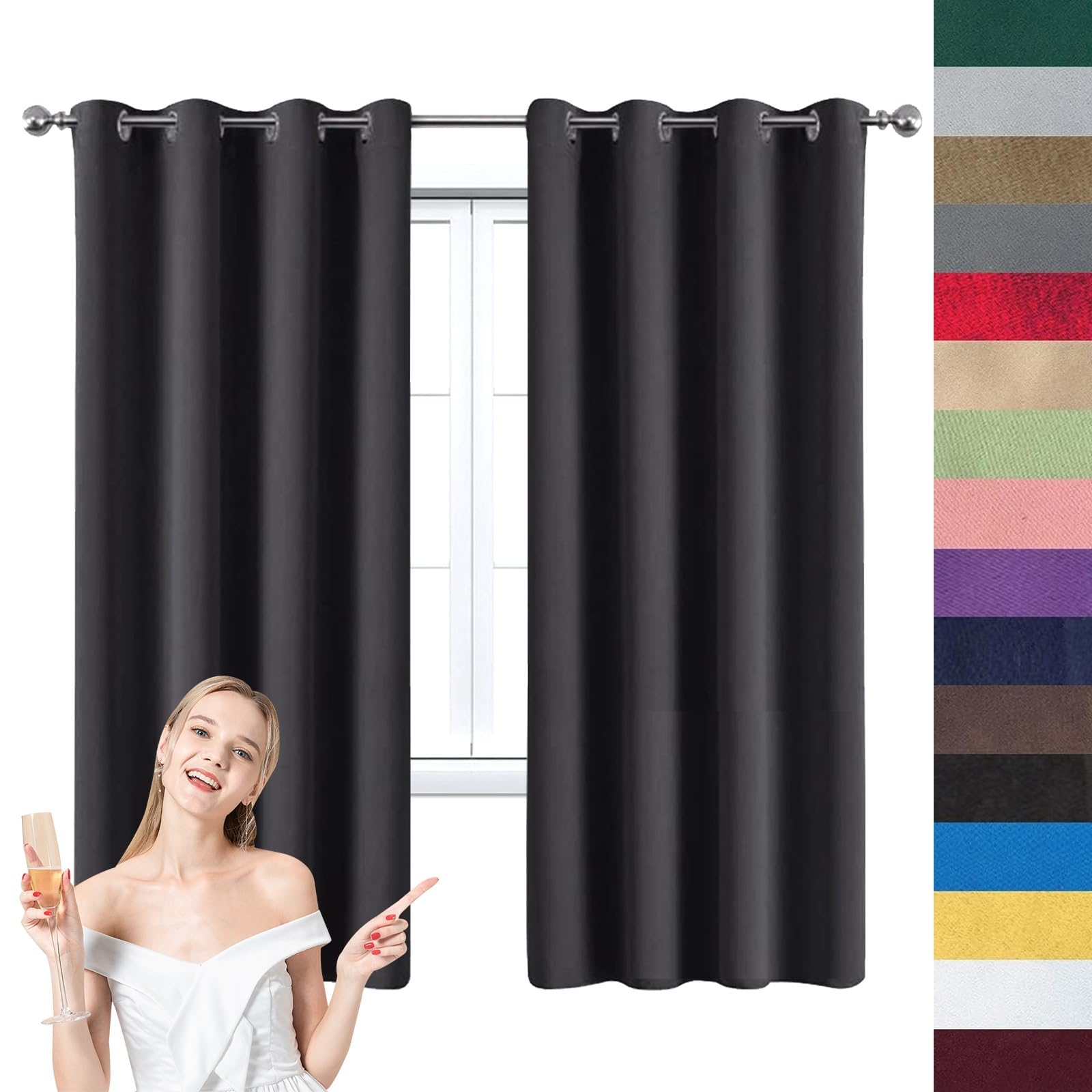 WUXXIANG 100% Blackout Curtains Eyelet 115 x 90 cm(45 x 35inch) Super Soft Thermal Insulated, Eyelet Thermal Noise Reducing Dim Out Curtains, with Blackout Lining, for Windows and Doors, Dark Grey
