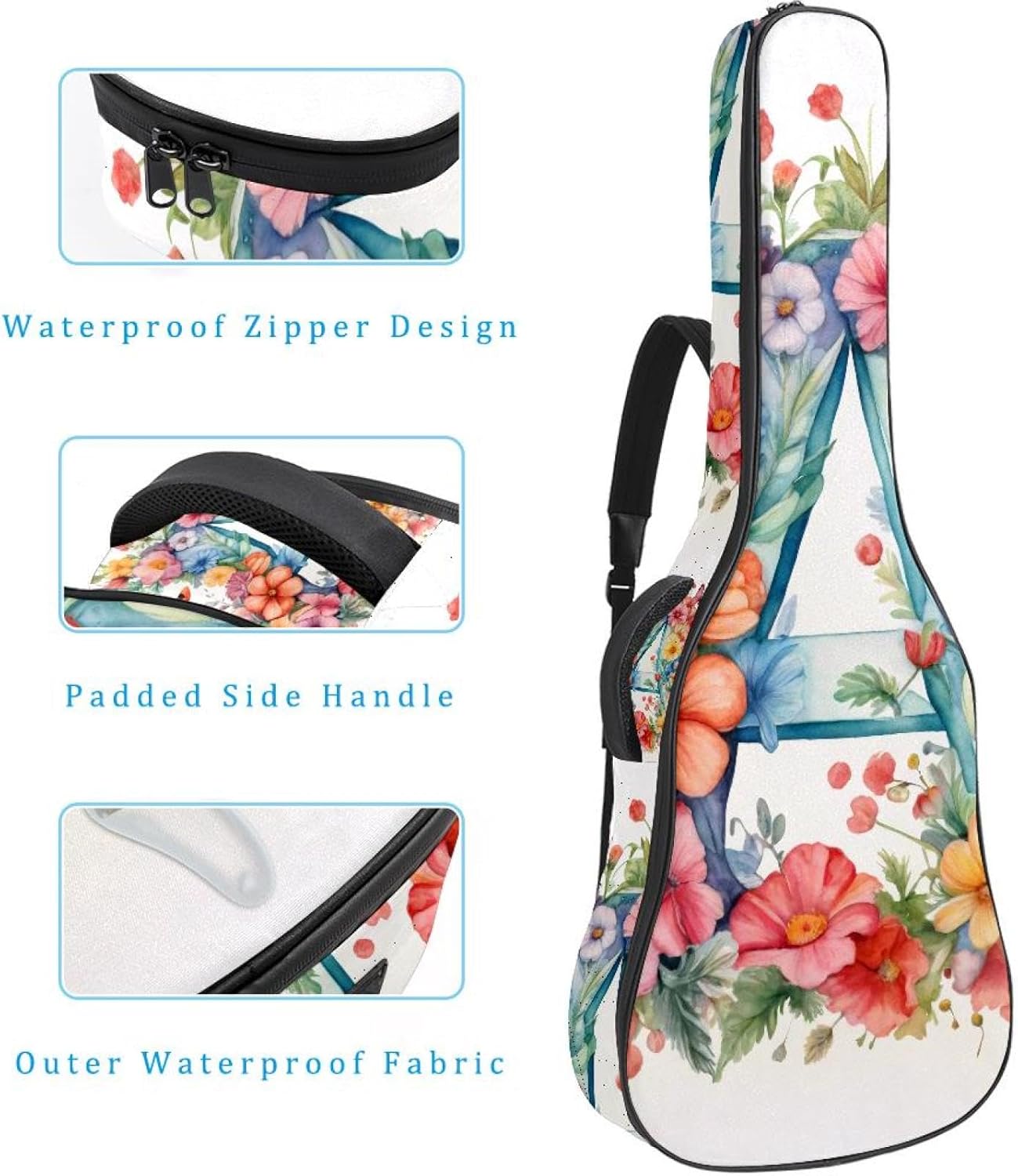 Acoustic Guitar Gig Bag 10mm Thick Padding, Soft Waterproof Guitar Case with Adjustable Backpack Straps for 40-42 Inch Guitar, Aesthetic Letter a with Flowers Butterflies Pattern
