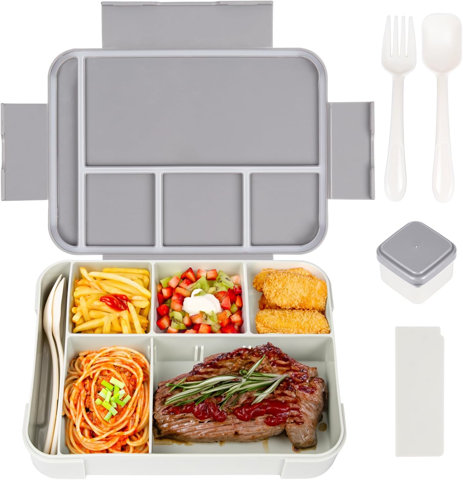 QCQHDU Bento Lunch Box for Kids and Adults, 1330ML With 6 Compartments, Leakproof Snack Container, Utensil Sauce Dressing Containers, Reusable On-the-Go Meal and Snack Packing (Gray)