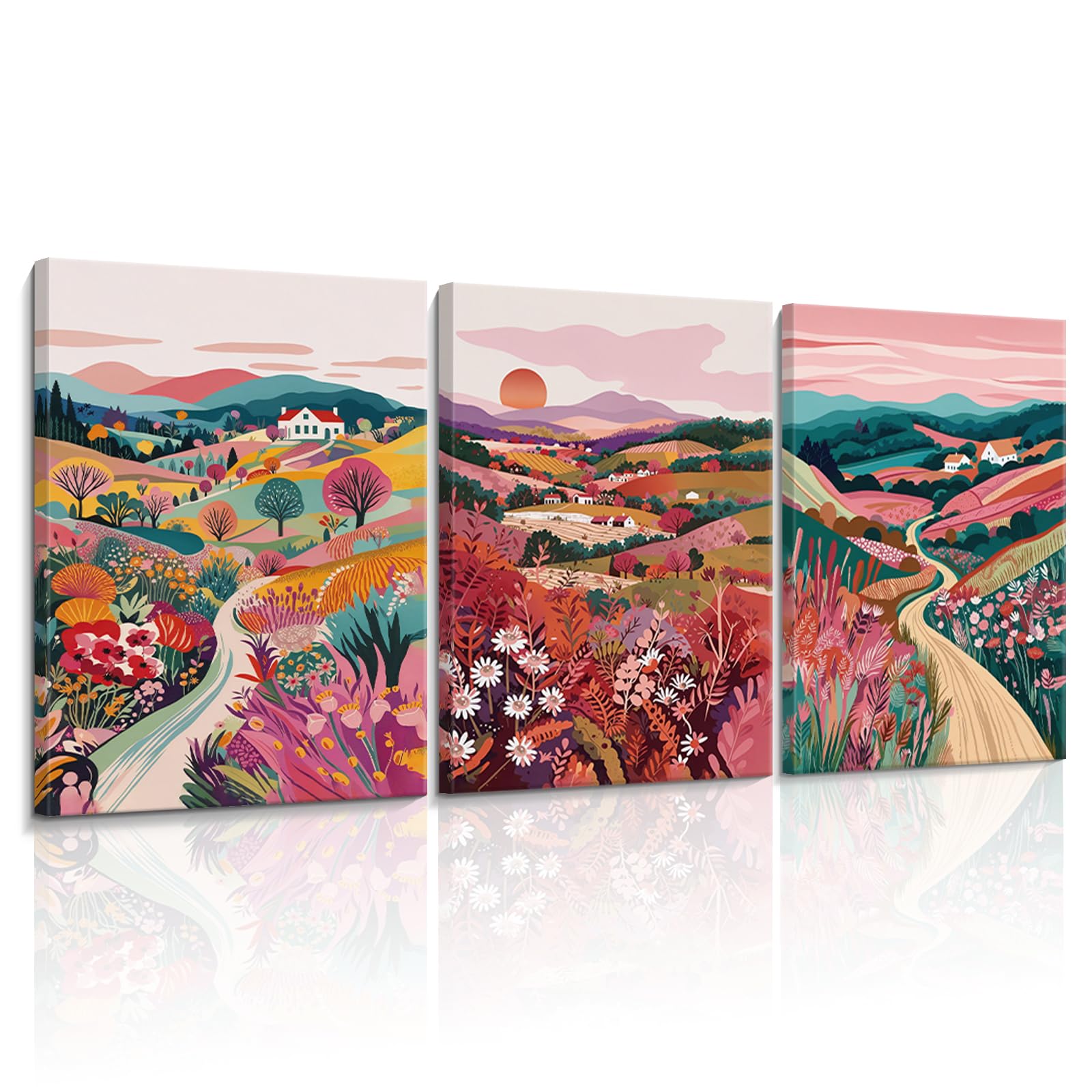 Photo 1 of 3 Piece Colorful Mountain Canvas Wall Art, Bright Boho Landscape Pictures Wall Decor, Rustic Country Wildflower Paintings, Abstract Nature Sunset Prints for Office Living Room Framed 16x24 Inch