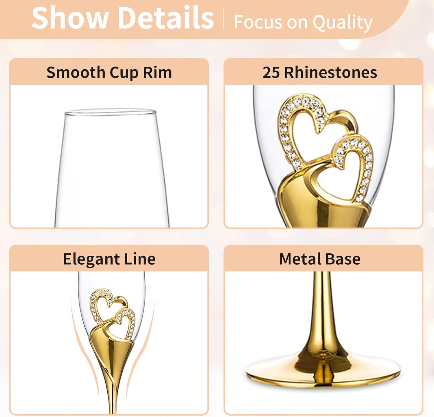 NUPTIO Champagne Flutes Wedding Gifts: Gold Toasting Glasses for Bride and Groom Heart Wine Cups Crystal Flute Anniversary Engagement Gift for Couples Hostess Mr Mrs 6.76oz