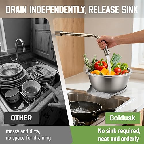 Miniatura 2 de Goldusk - Colador de acero inoxidable 304 con base autodrenante, base de silicona de grado alimenticio, colador grande para cocina, colador de