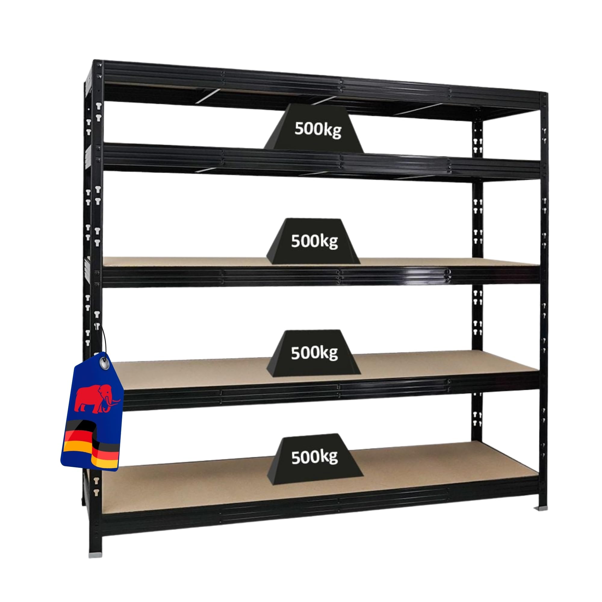 PROREGAL Profi Schwerlastregal Rhino EXTRA BREIT schwarz HxBxT 180x200x60cm Fachlast 500kg 5X Spanplatten-Ebenen 8mm Garagenregal, Lagerregal, Steckregal, Weitspannregal