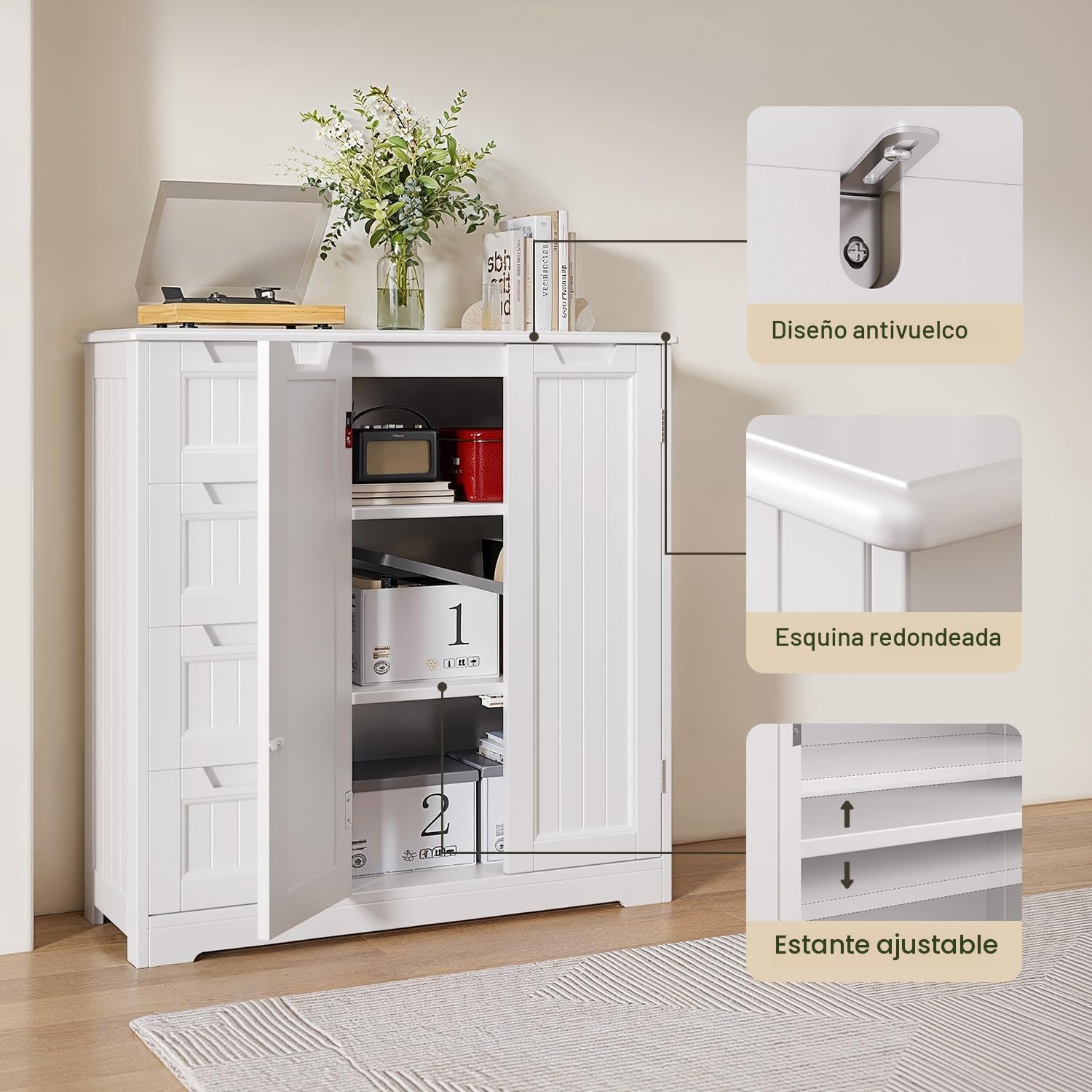 Xbro Armario de Baño con 4 Cajones y 2 Puertas, Mueble Auxiliar con Estante Ajustable para Baño, Cocina y Salón, Almacenamiento Multiusos, 81 x 30 x 83 cm, Blanco