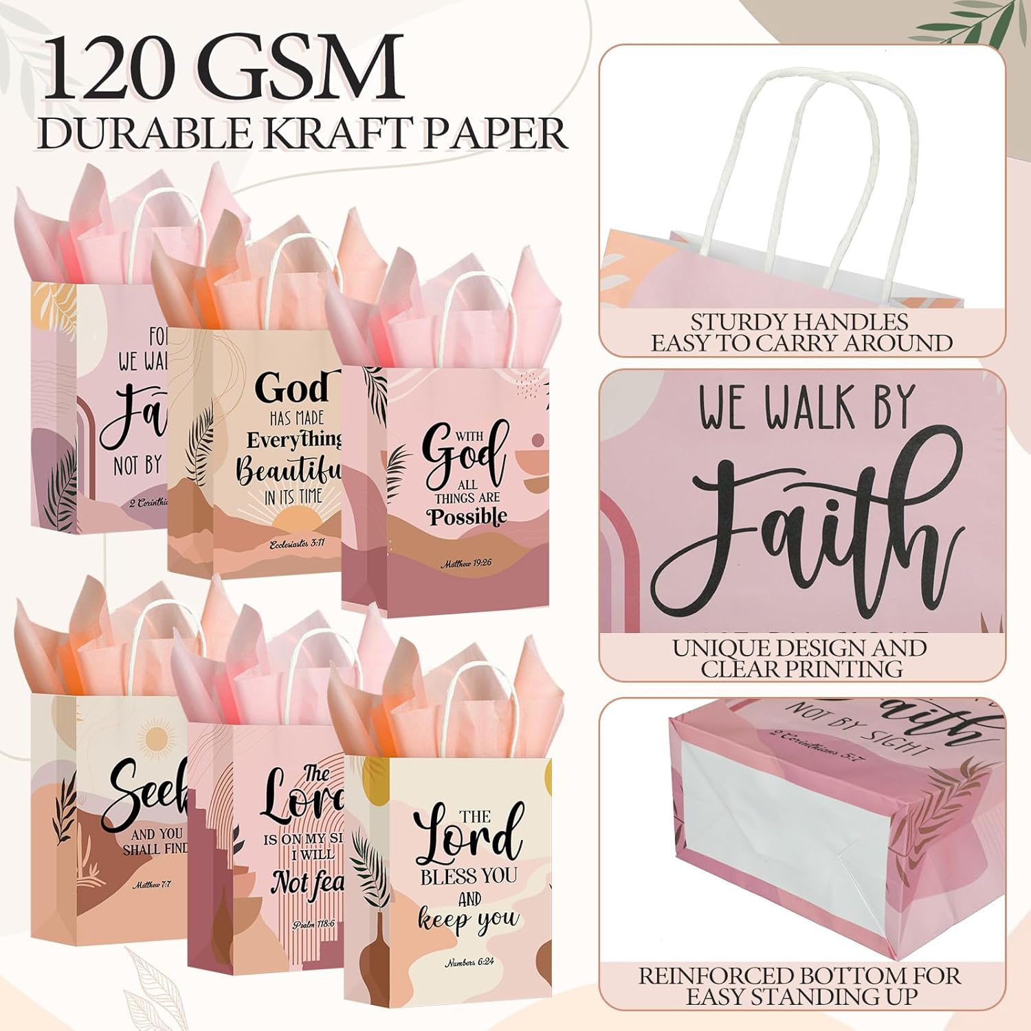 Resholder 30 Pcs Boho Christian Gift Bags with Tissue Papers Religious Bible Verse Paper Bags with Handles Inspirational Scripture Treat Pouches Church Gifts for Wedding Baptism Birthday Party