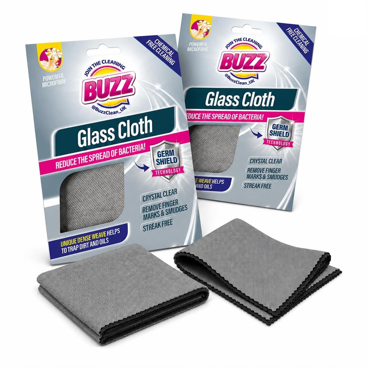 Buzz 2pk Glass Cloth with Germ Shield, 39cm x 49cm Glasses Cloth for Streak-Free Microfibre Cleaner, Multipurpose Durable Lens & Screen Cleaning, Crafted with Soft Material, Absorbs Oil & Dirt