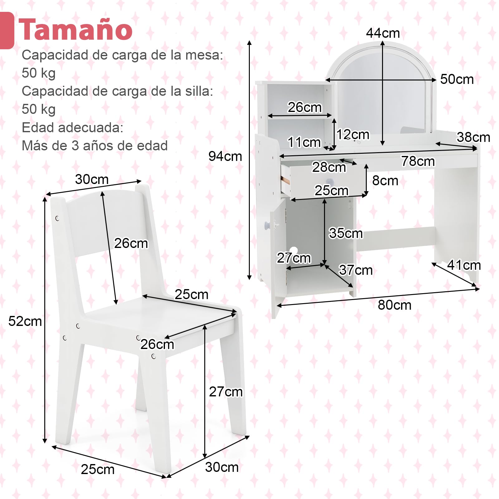 COSTWAY Tocador de Maquillaje Niña con Luces LED 2 Colores, Mesa y Silla para Niños, Espejo Acrílico Blanco
