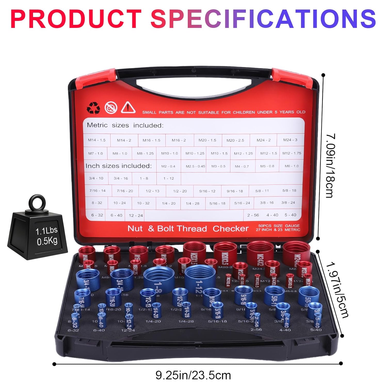 Thread Checker, 50 Pcs Nut and Bolt Thread Checker - 27 Standard & 23 Metric Box Set Thread Gauge for Size Checker of Bolts or Nuts in Narrow Areas