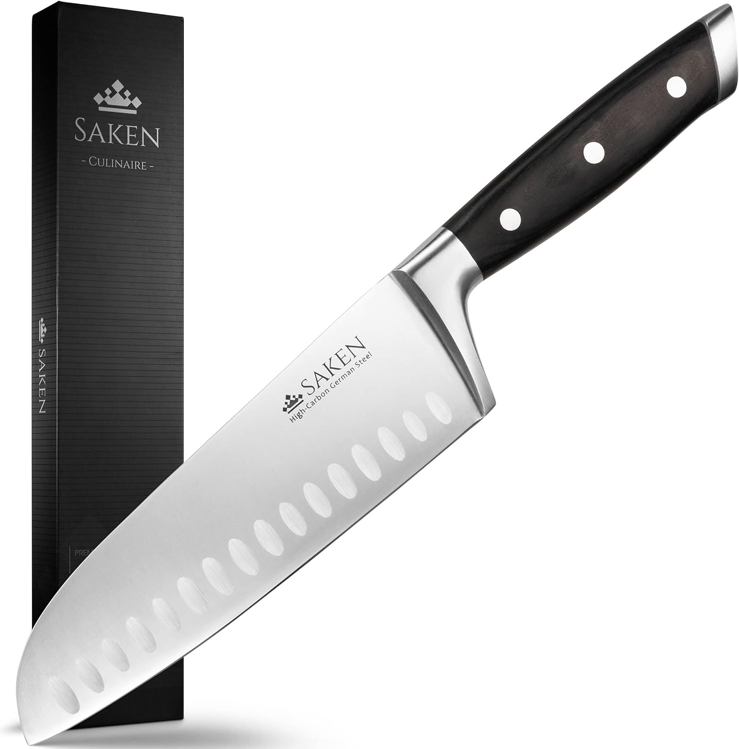 Saken Santoku Knife - 7-Inch Japanese Chef Knife with High-Carbon German Steel Blade, Granton Edge, and Ergonomic Handle - Multipurpose Kitchen Knife for Mincing, Slicing, and Dicing
