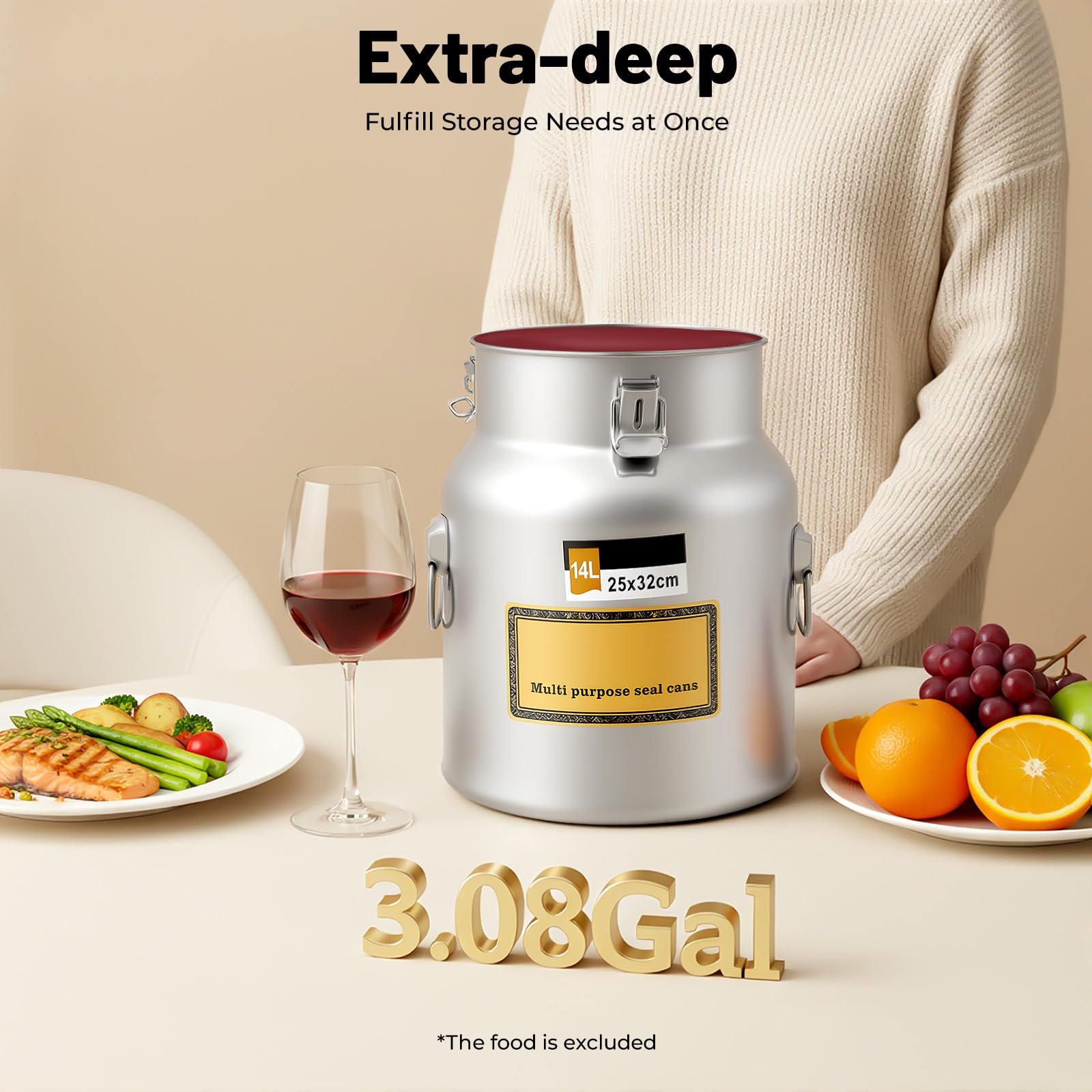 Jarra de leche de acero inoxidable, 14/18/22/28L, para el almacenamiento de agua, leche, vino, queso, crema, harina, aceite, ghee y alimentos secos (14 L)