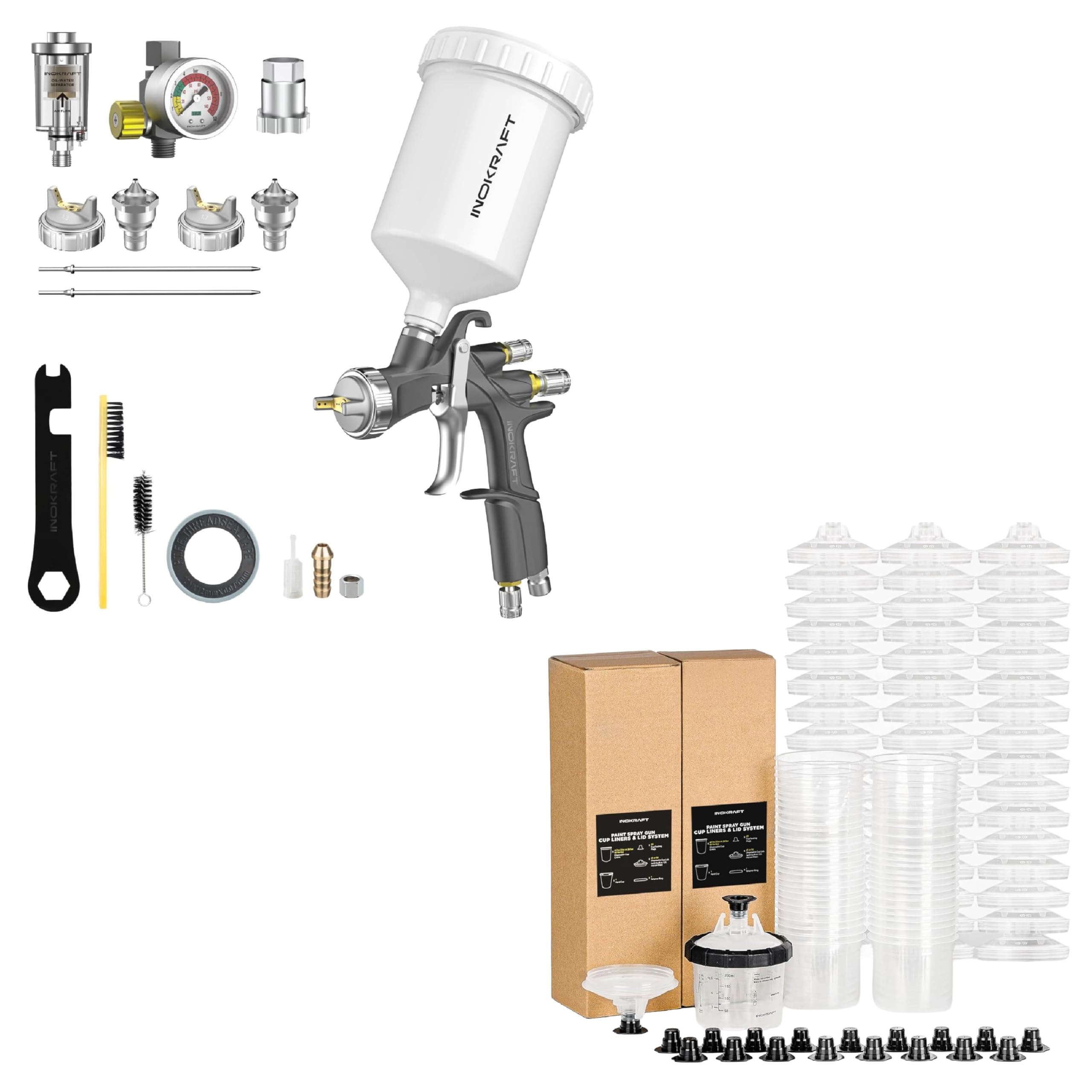 InoKraft D1 LVLP Spray Gun and 6 Oz Disposable Paint Cup System Bundle, 50 Cups & Lids