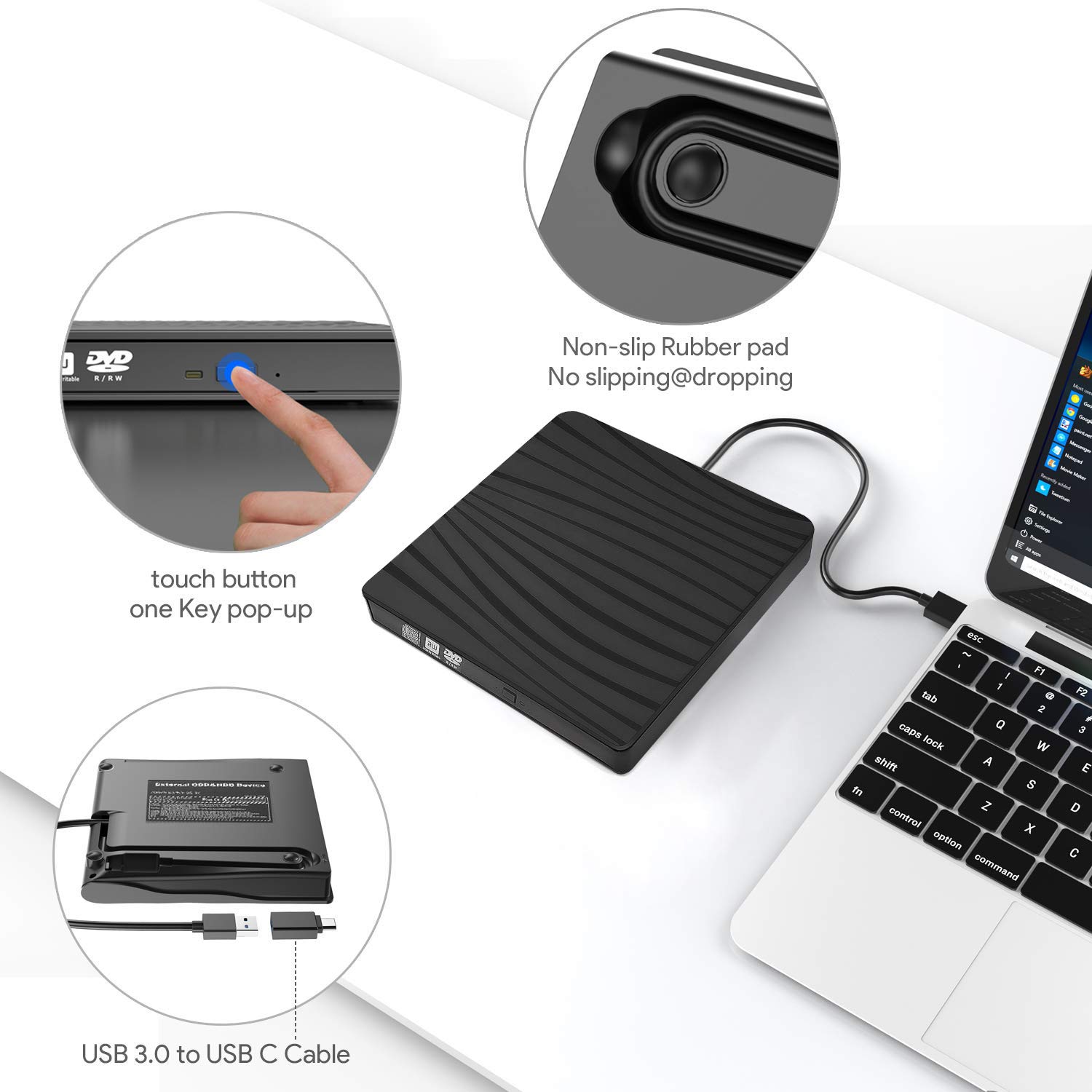 FCRB Lecteur CD/DVD Externe, USB 3.0 Type-c Graveur Enregistreur Portable RW/ROM Mince Transmission Rapide pour Windows 11/10/8/7/XP/Vista/Mac OS