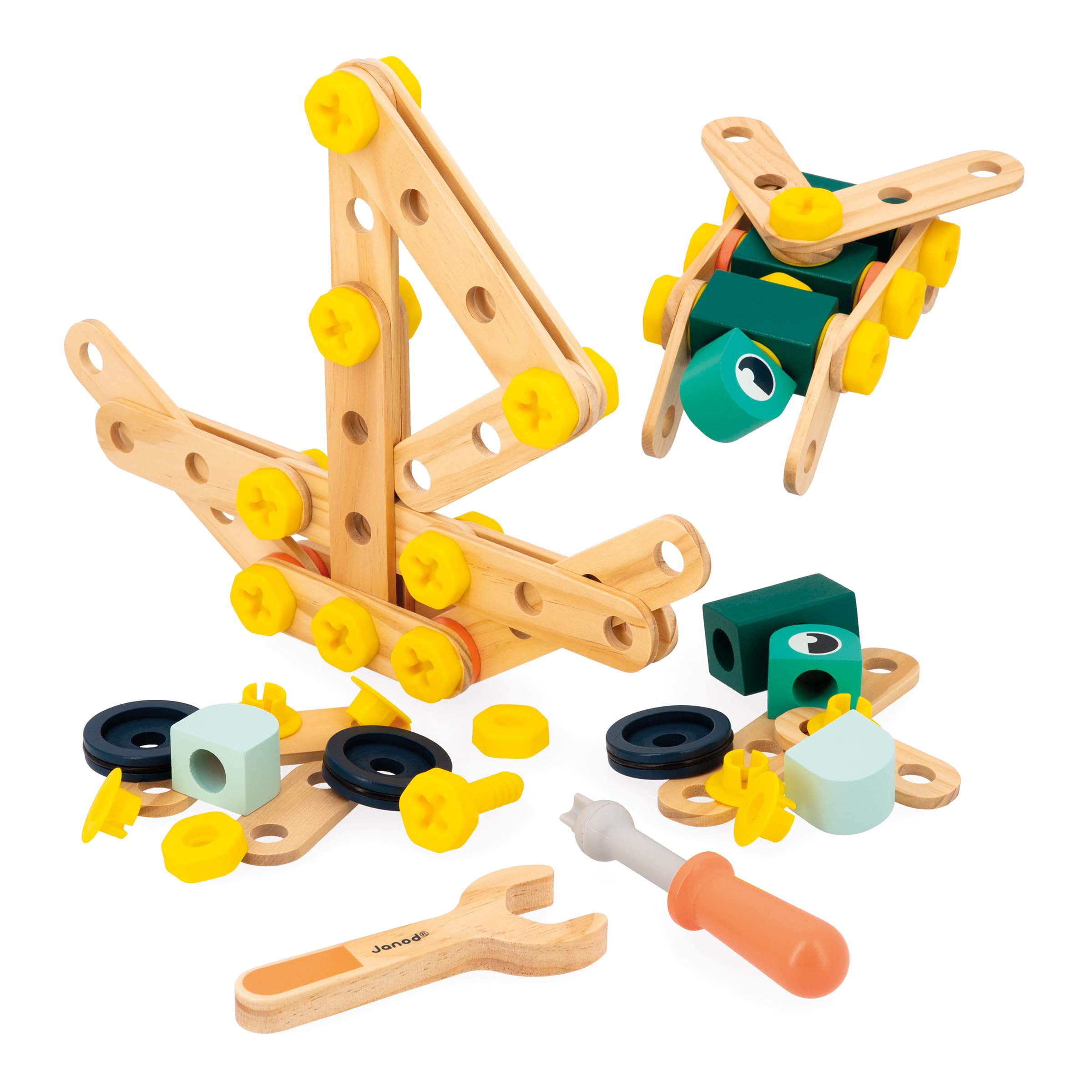 Janod - My First Construction Game - 100-Piece Barrel - 98 Accessories + 2 Tools - Pretend Play - Develops Dexterity & Creativity - 3 Years + - J06454