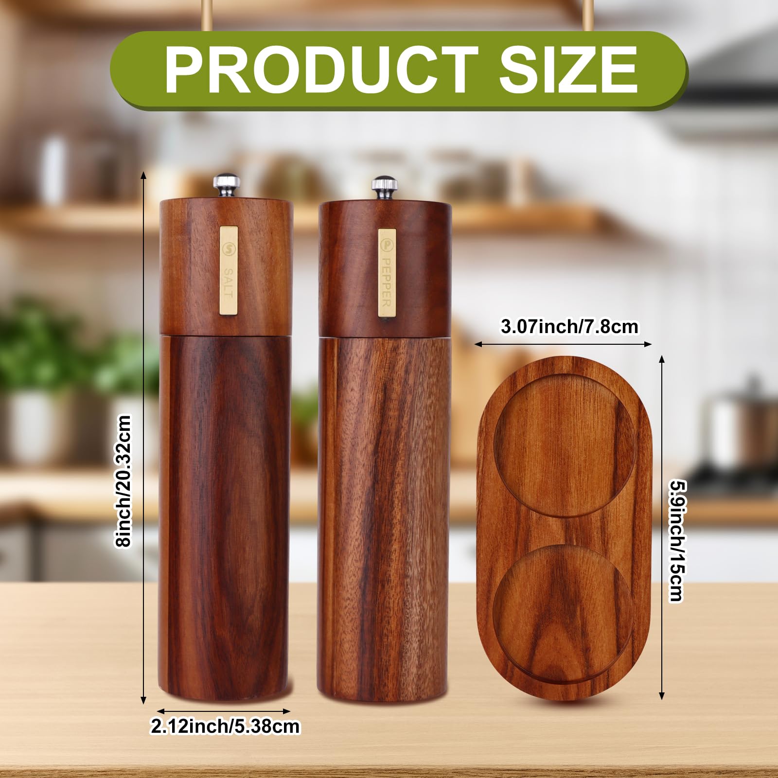 2 Set Wood Salt and Pepper Grinder 8 Inch Manual Salt and Pepper Mill with Tray Adjustable Coarseness Refillable Grinder with Gold Bottle Label Smooth and Quality Grinding Mechanism for Kitchen