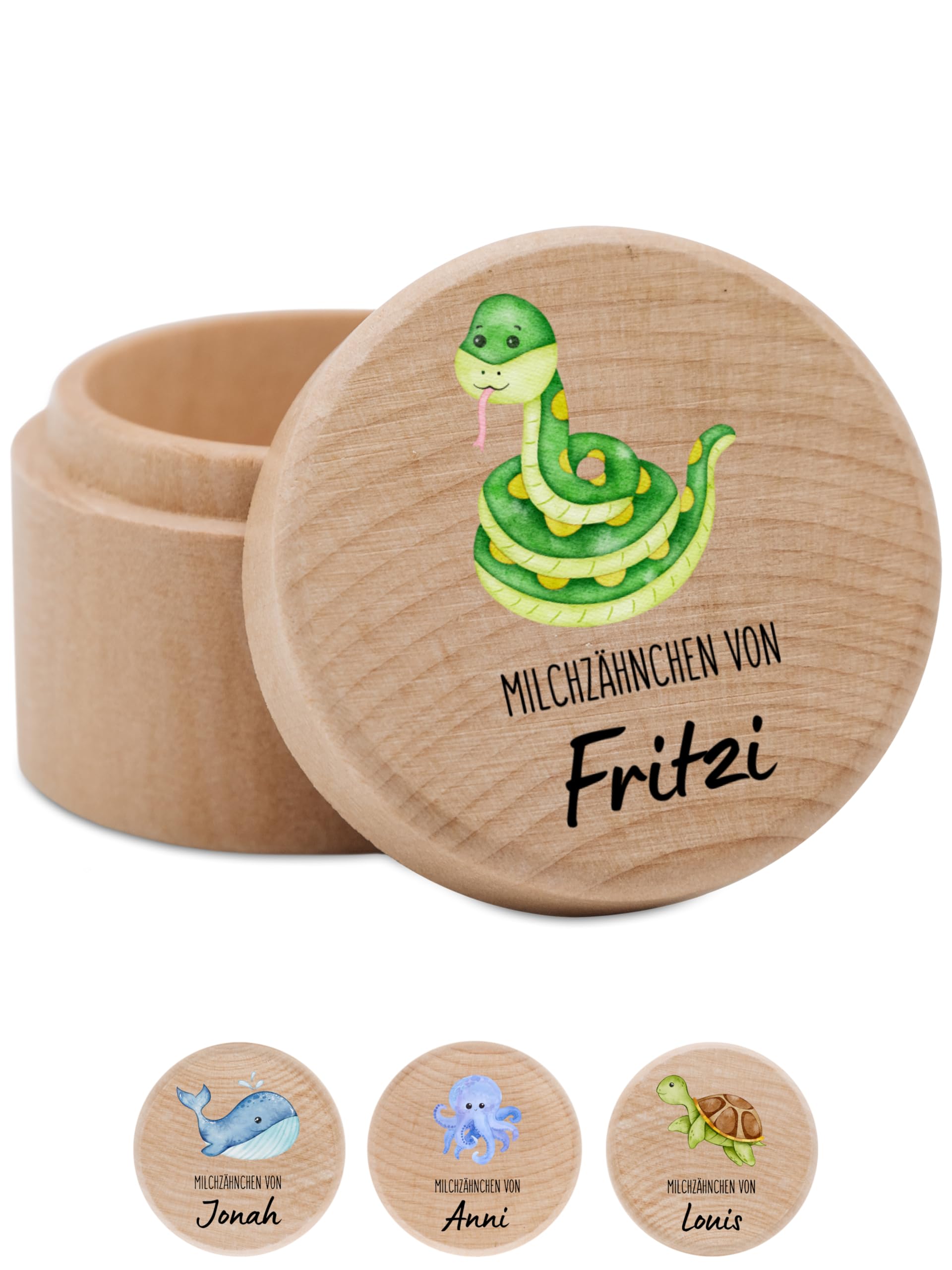 Bärenfreunde - Milchzahndose personalisiert aus Holz mit kinderfreundlichem UV-Druck - Zahndose Milchzähne als Erinnerung an die ersten Zähnchen (Schlange grün)
