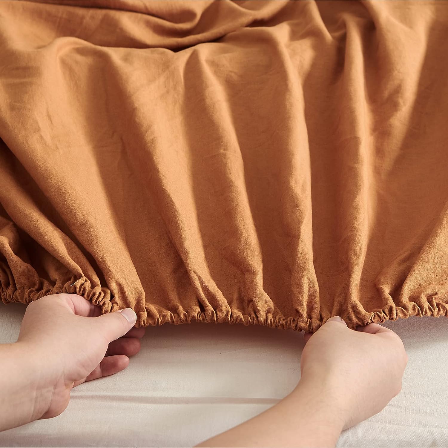 Simple&Opulence Linen Fitted Sheet (1 Piece) - 14 Inch Deep Pocket Mattress Cover Natural Flax Cotton Blended Soft Breathable Bedding - Rust, King Size - Image 6