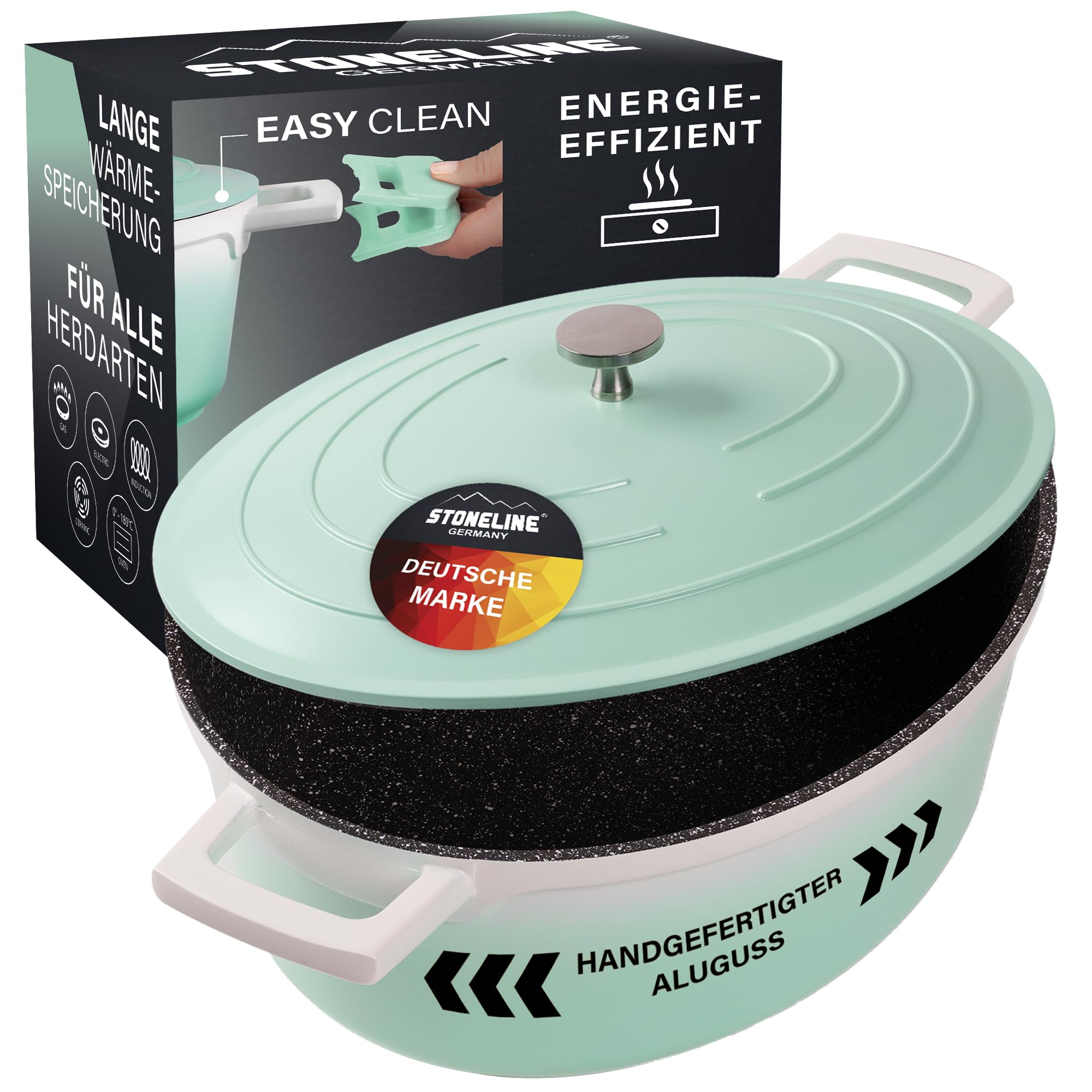 STONELINE Cocotte Bräter Induktion mit Deckel 32 cm, 6,6 L, Topf Antihaft Beschichtung mit echten Steinpartikeln, Bratentopf Schmortopf für alle Herdarten und Backofengeeignet, Farbe: Mint