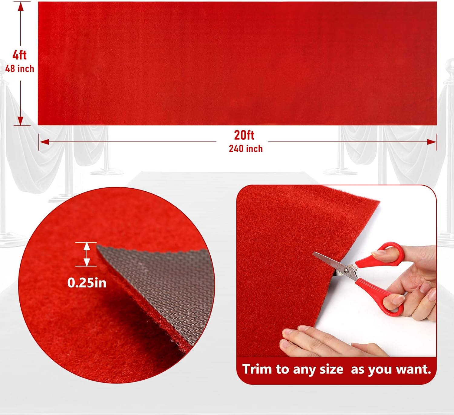 PBHEPJ 4ft x 20ft Extra Thick Red Carpet Runner for Party, Non-Slip TPR Rubber Backed red Rug, Wedding and Events Decorations, Reusable