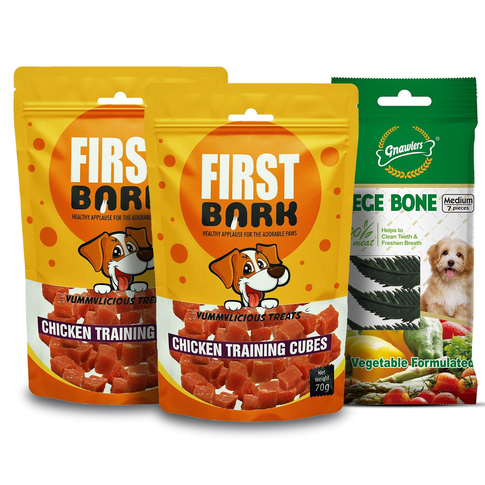 First Bark Jerky & Gnawlers Dog Treats Combo - Gnawlers Vege Bone 7 in 1 X1 & Chicken Training Cubes X2 Sold by Dogsncats, All Life Stages