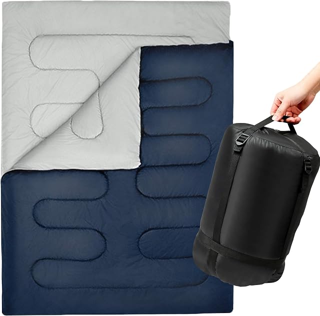 SUNMER Double Sleeping Bag - King Size - 300GSM - 3-4 Season - Converts into 2 Single Sleeping Bags - Ideal for Camping and Hiking Trips - Waterproof - Navy
