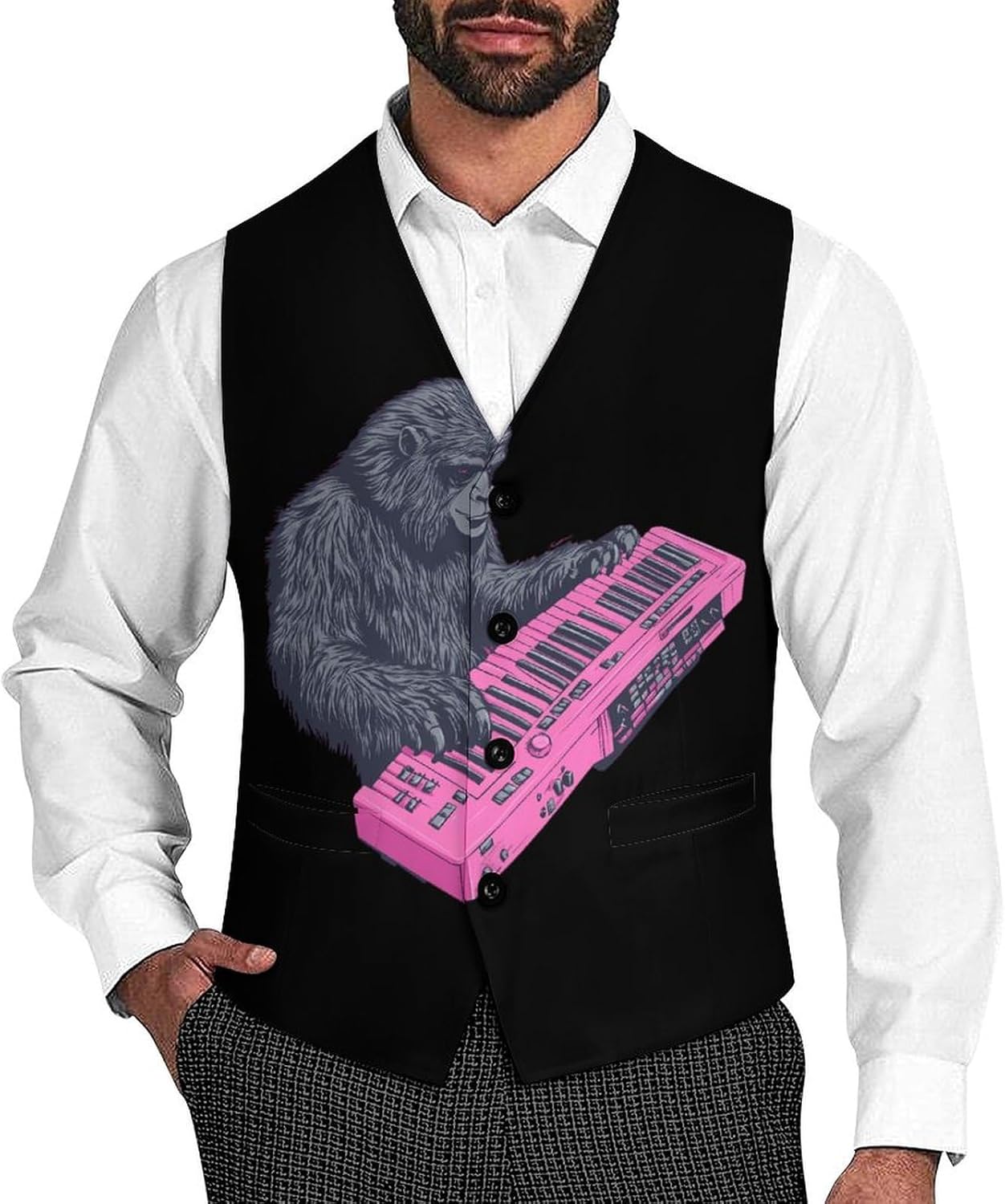 Bigfoot Playing Electric Piano Casual Suit Vest for Men Formal Business Dress Regular Fit Waistcoat Tuxedo