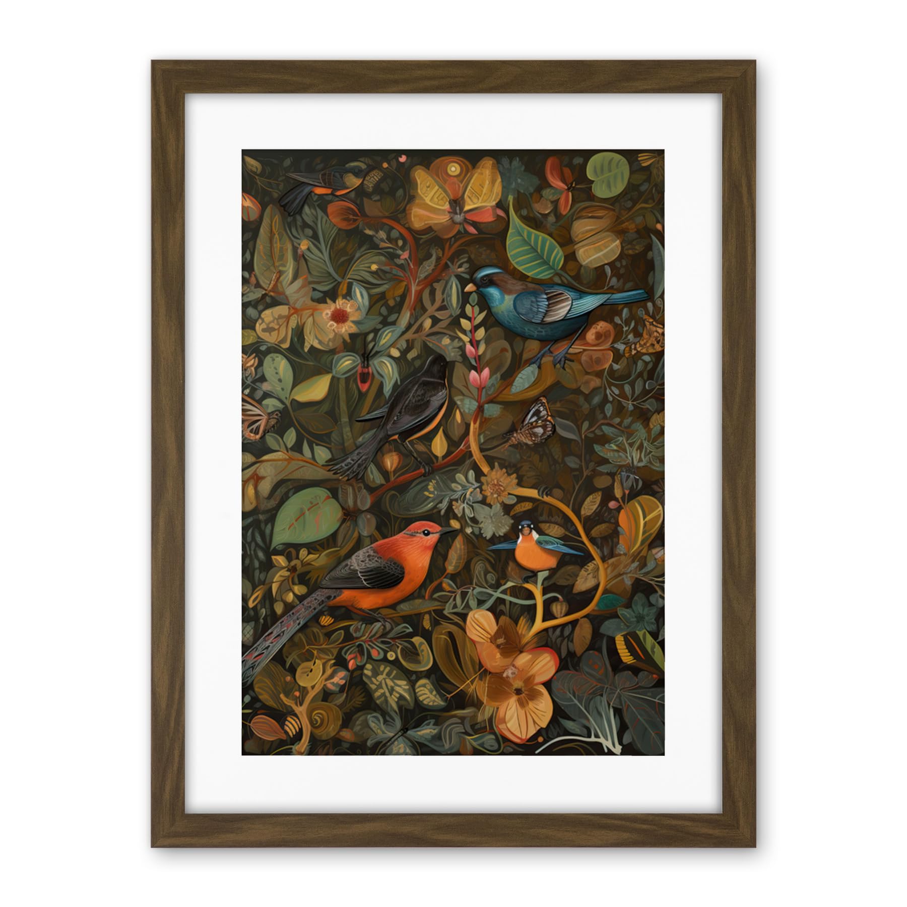 Artery8 Birds and Butterflies on Autumnal Tree Folk Art Artwork Framed Wall Art Print 18X24 Inch