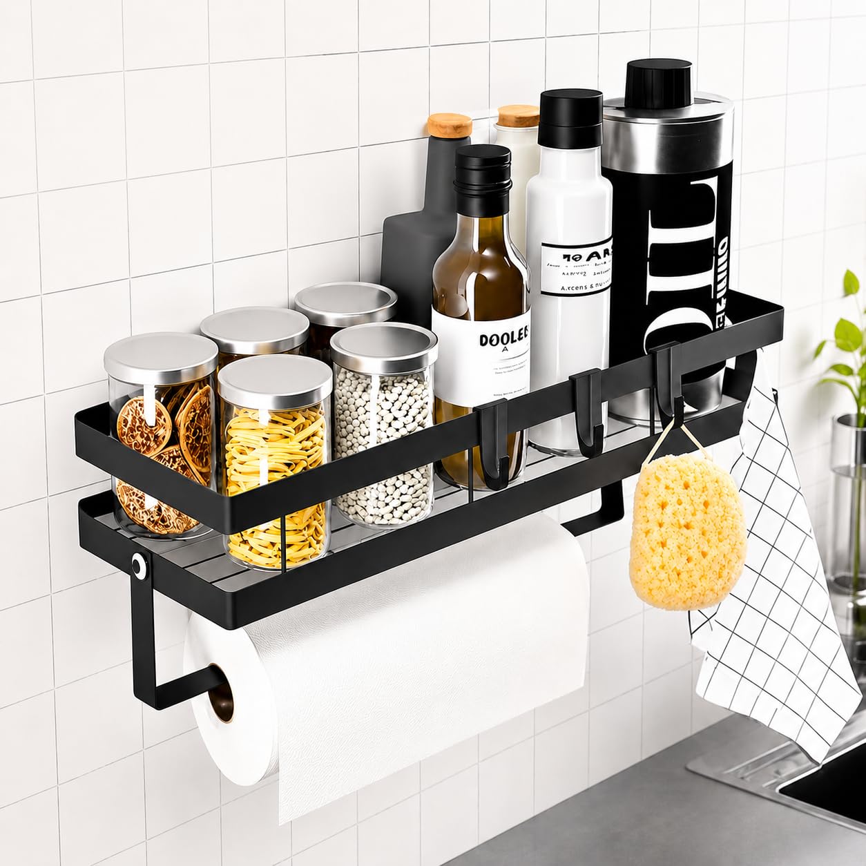 Portaspezie da Parete Senza Forare con Porta Rotolo da Cucina, Mensola Cucina in Acciaio al Carbonio Nero, Organizer per Spezie con 4 Ganci per Utensili e Strofinacci