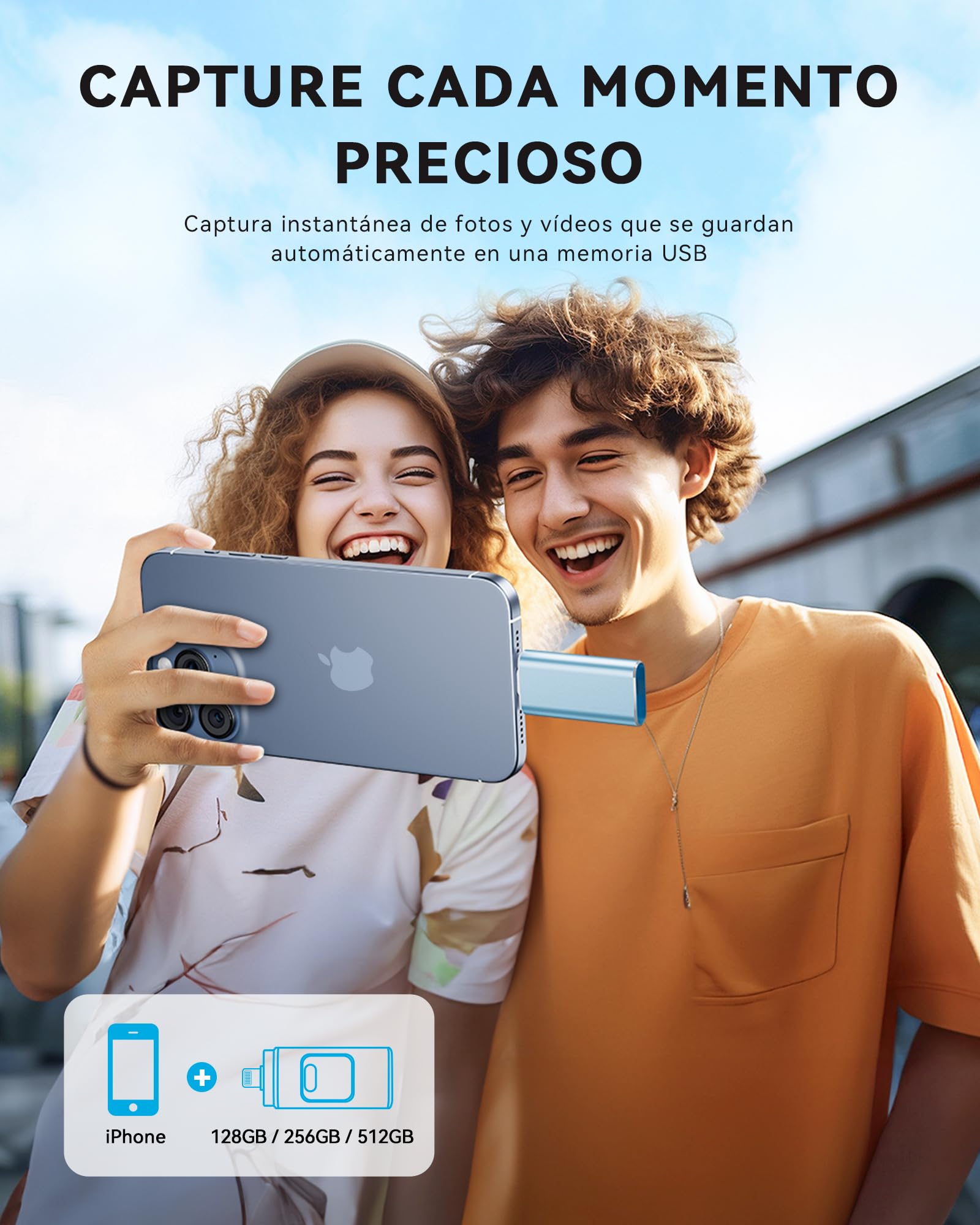 ROSPE MFi Pendrive 256GB para iPhone, Memoria USB Externa para iPhone, Pendrive USB C Lightning Compatible con Phone/iPad, Android y PC, USB 3.0 para Respaldo de Fotos, Videos y Datos de Móvil, Azul