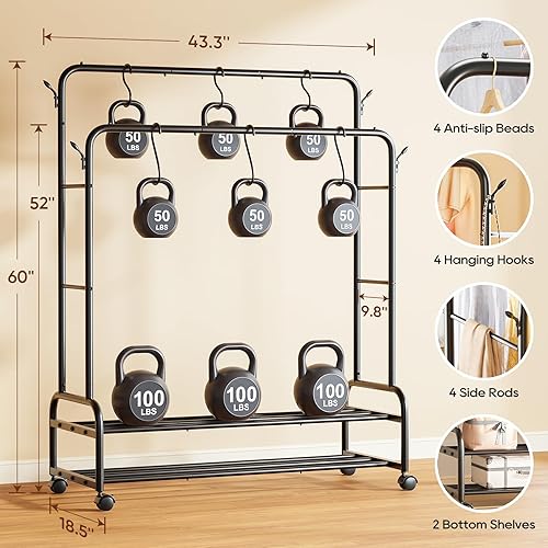Miniatura 3 de Perchero doble para colgar ropa, perchero con ruedas, estantes de ropa independientes con estantes de tela de poliéster y estante inferior de malla