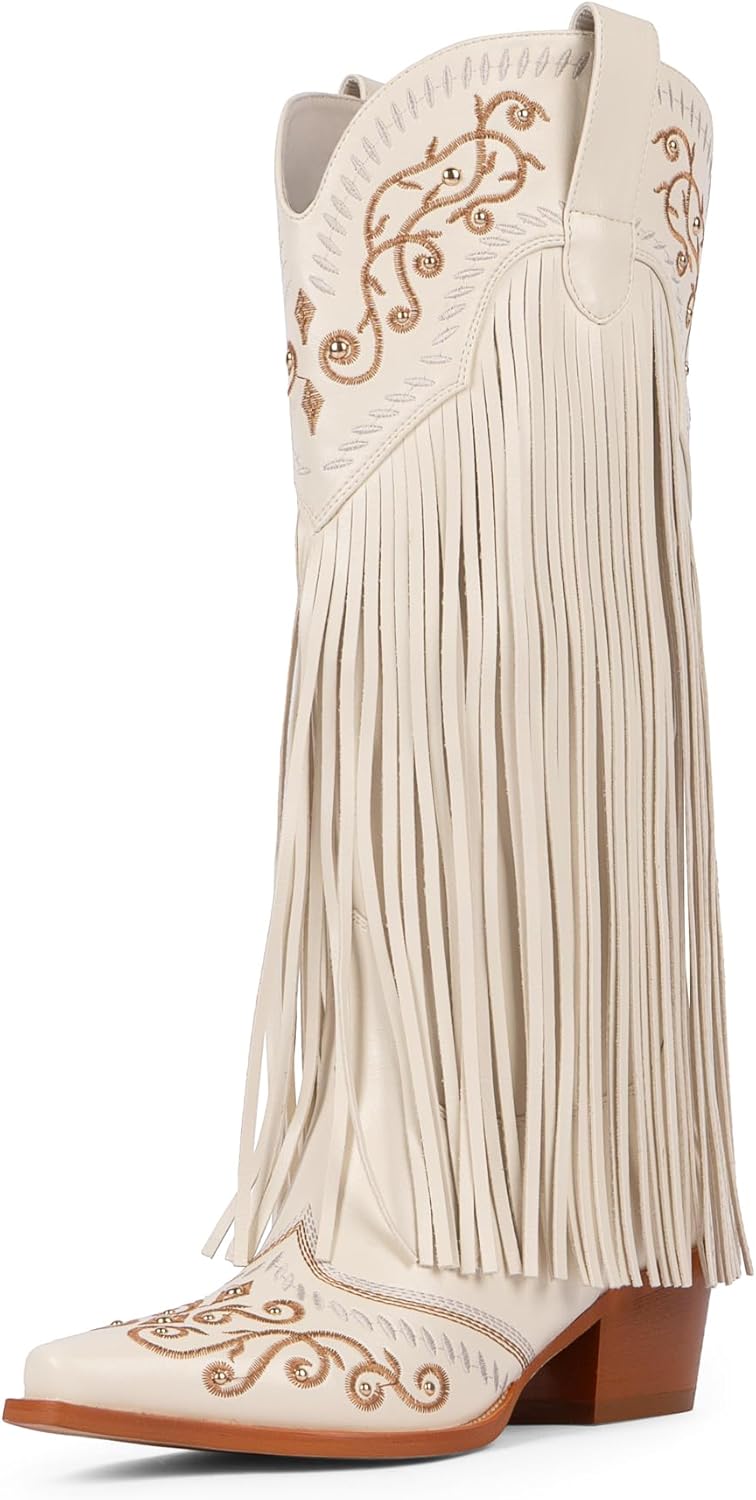 Modatope Cowboy Boots for Women Fringe Knee High Boots Embroidered Cowgirl Western Pointed Toe Chunky Heel Slip on Wide Calf Cowboy Boots