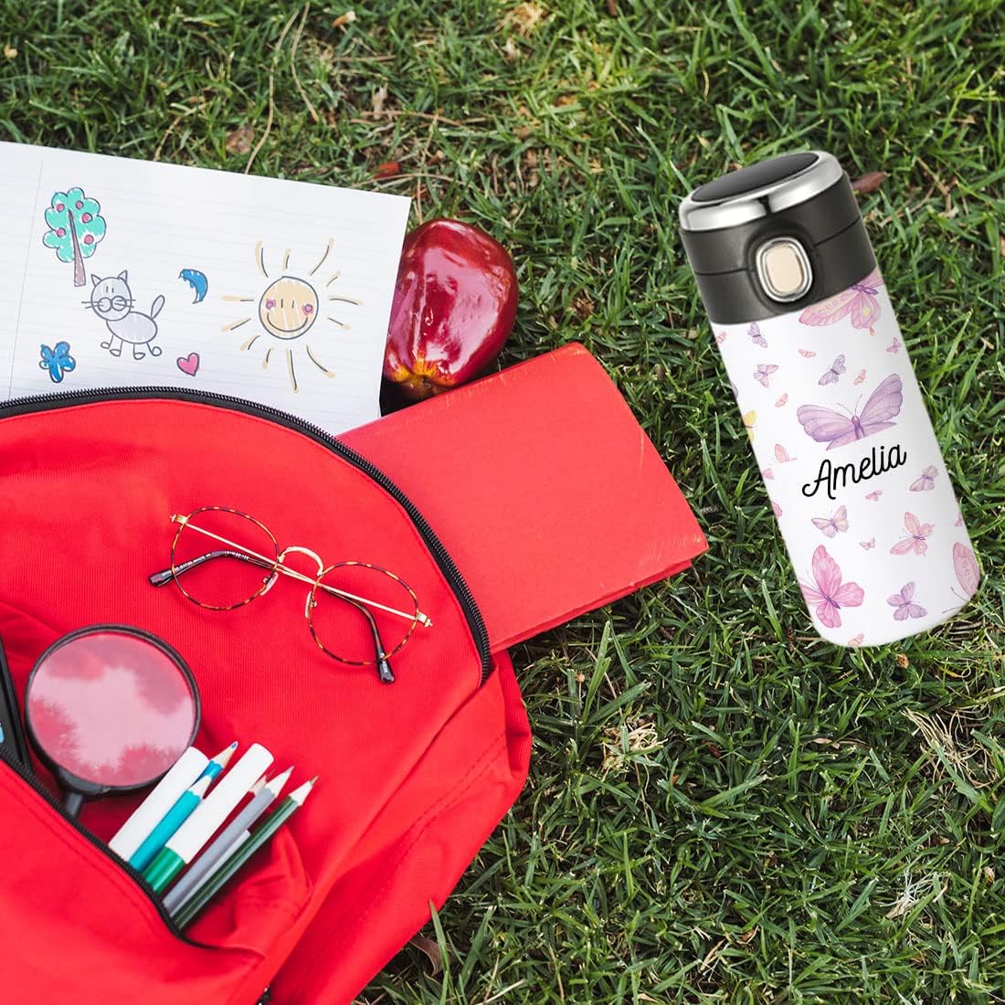 Andaz Press Personalized Butterfly Stainless Steel Water Bottle, 10oz BPA-Free Insulated Tumbler with Leakproof Flip Lid, Custom Name School Cup, Birthday Party Favor Gift, 1-Pack