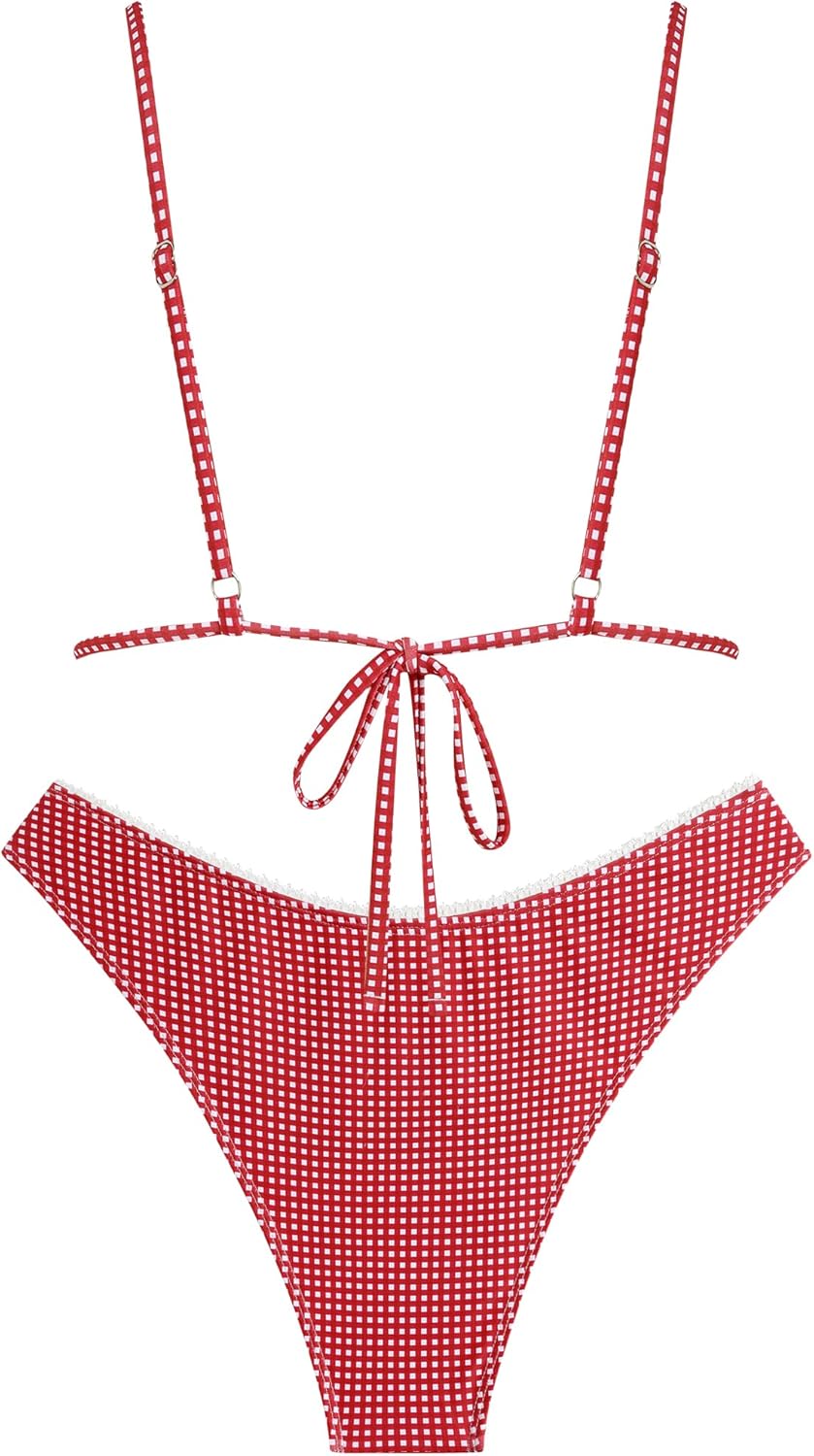 ZAFUL Women's String Triangle Bikini Sets Sexy Triangle Textured Tied High Cut Swimsuit Brazilian 2 Piece Bathing Suit