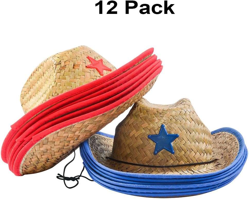 Funny Party Hats Cowboy Party Hats - 12 Straw Cowboy Hats - Medium - Red, Blue - Costume Headwear - For children, cowboy party participants